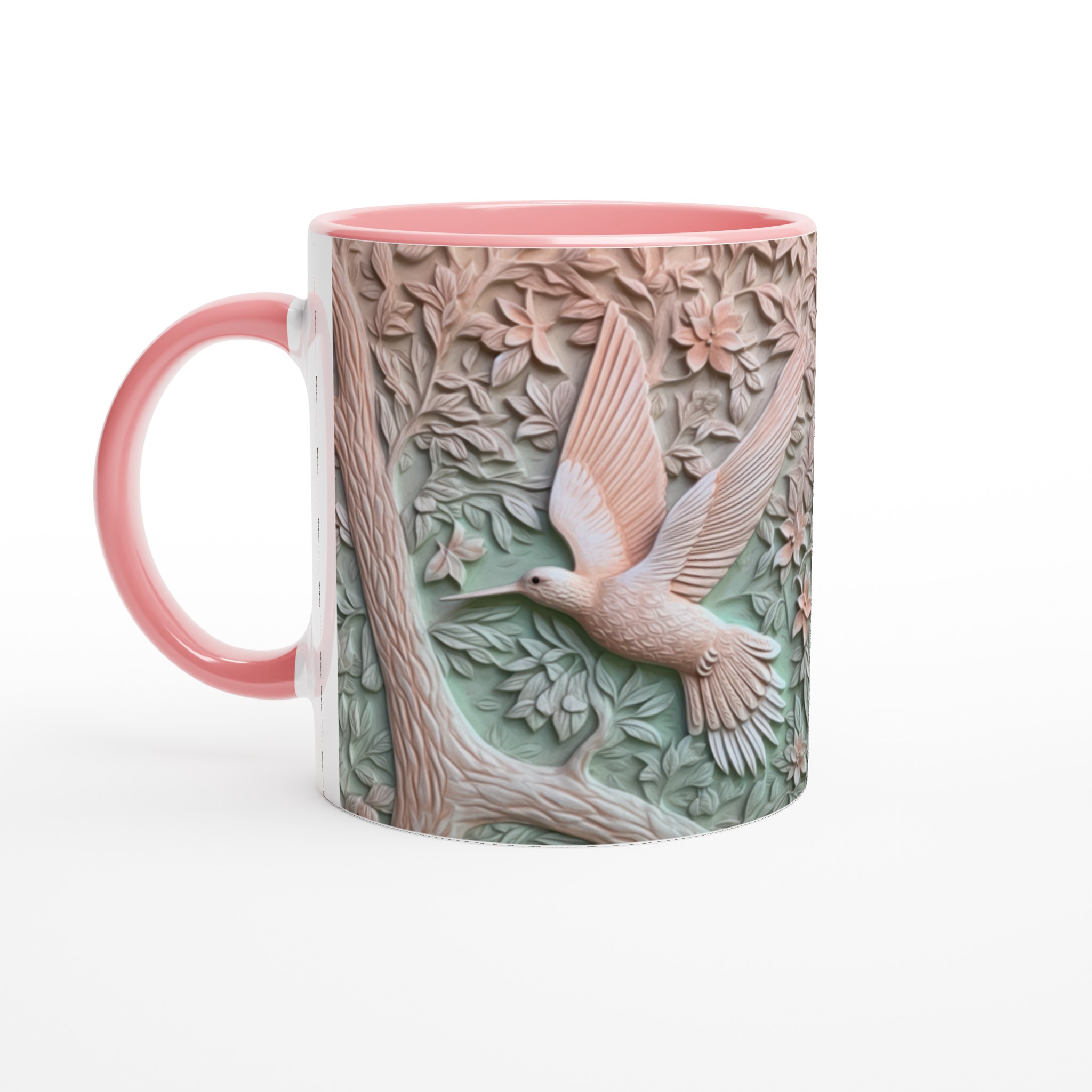 Vit 11oz keramisk mugg med elegant kolibri- och blommönster i mjuka pastellnyanser 6 81f366f7-8dc0-466e-8c42-e7b9e297640f