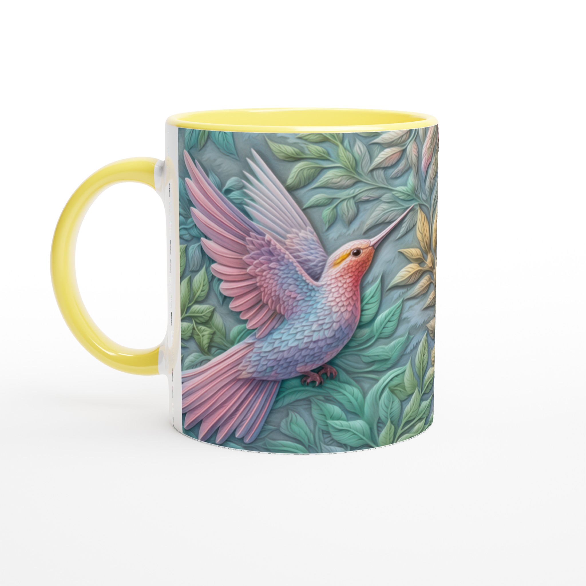Vit 11oz keramisk mugg med drömskt kolibri- och lövmotiv i mjuka pasteller 3 822e32cc-6c38-4488-a9e4-9544f100ef3d