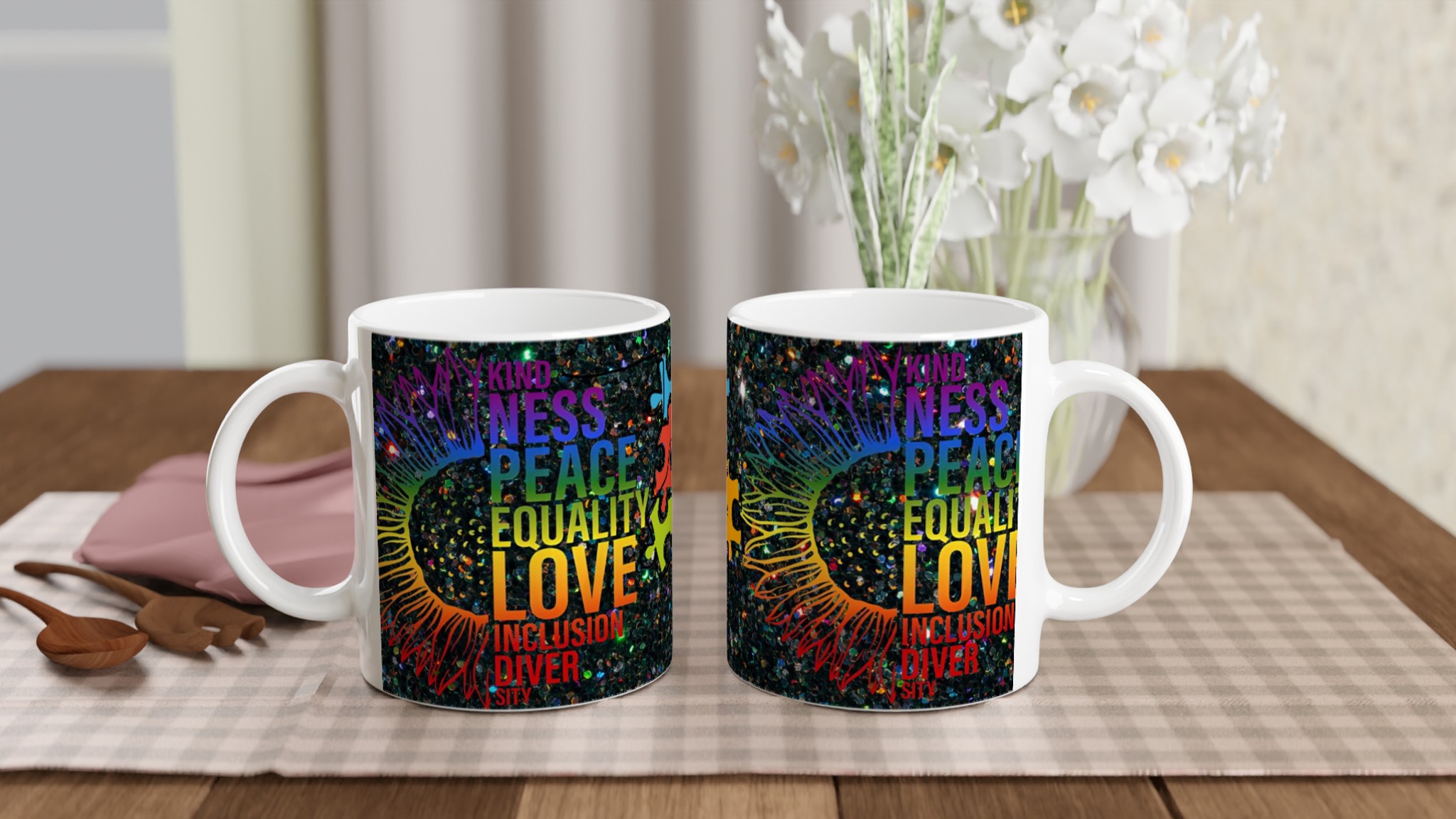 Vit 11oz keramisk mugg med färgglad inkluderingsdesign i din favoritfärg 10 827f2511-7fcd-4334-baed-275d5b6ee7dc