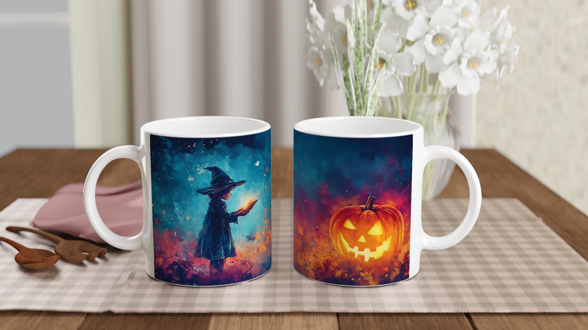 Magical Halloween Pumpkin & Witch Ceramic Mug – Spooky Watercolor Art in Your Choice of 7 Colors 10 8281bbf2-5fde-4318-ae80-b943355ad4c2