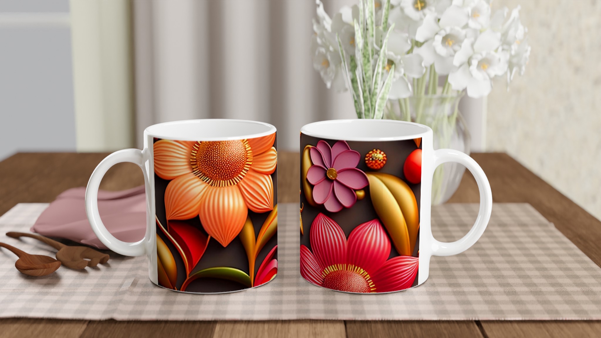 Vit 11oz keramisk mugg med färgstarkt blommönster i livfulla nyanser 10 831356f3-b05f-43ab-a44a-3b9d1ec769b4