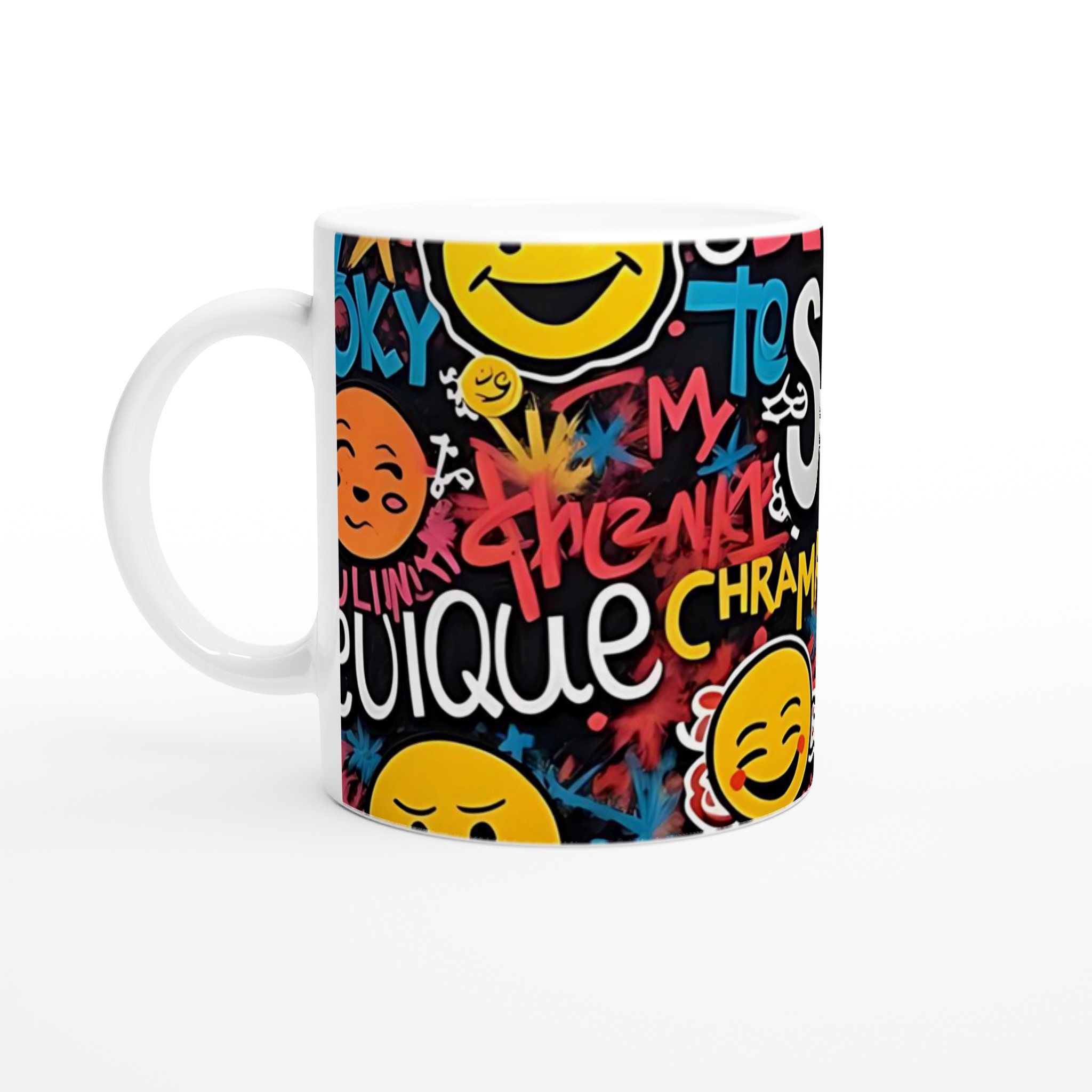 Vit 11oz keramisk mugg med färgstarkt graffiti- och smileymotiv – välj din favoritfärg! 1 8335f7a0-2d49-4d89-b34a-60e5bdff51fd