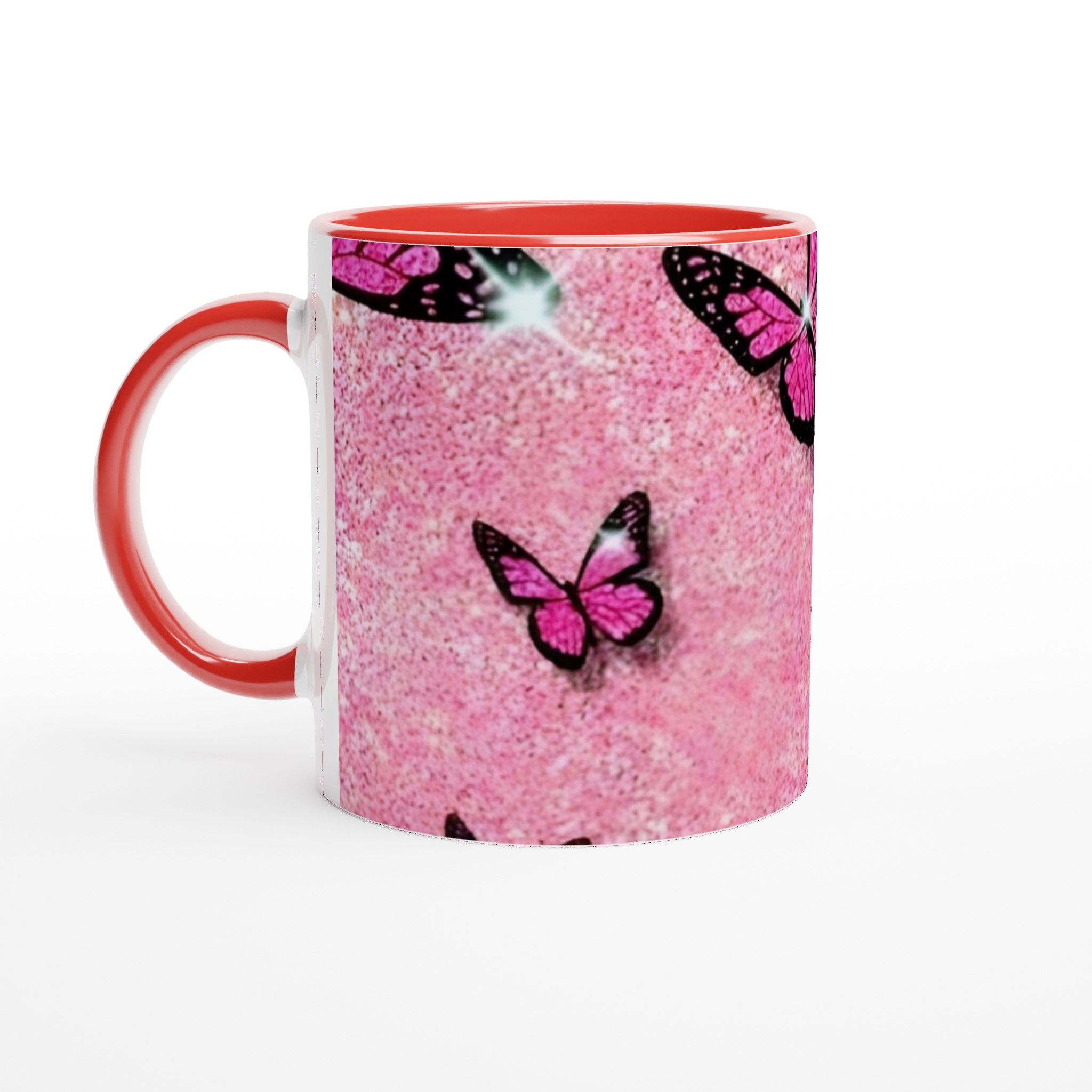 Vit 11oz keramisk mugg med glänsande rosa fjärilsmotiv – välj din favoritfärg 5 83b6815d-8ad2-43f2-a3fe-35dfeed7fb23