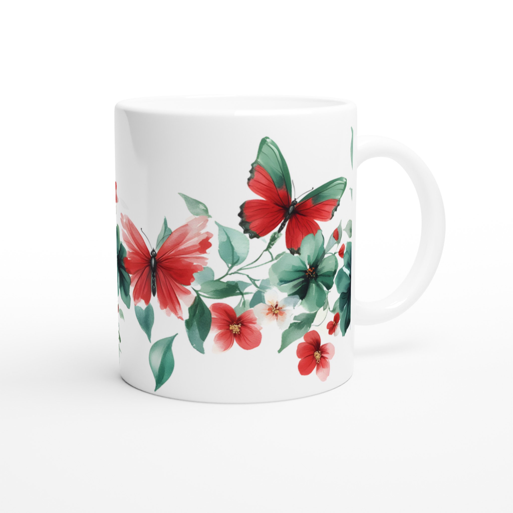 Fjärilsdröm 11oz Keramisk Mugg – Akvarellblommor & Röda Fjärilar i Valfri Färg 9 8432c529-7c44-42e1-a62c-ca4166670242