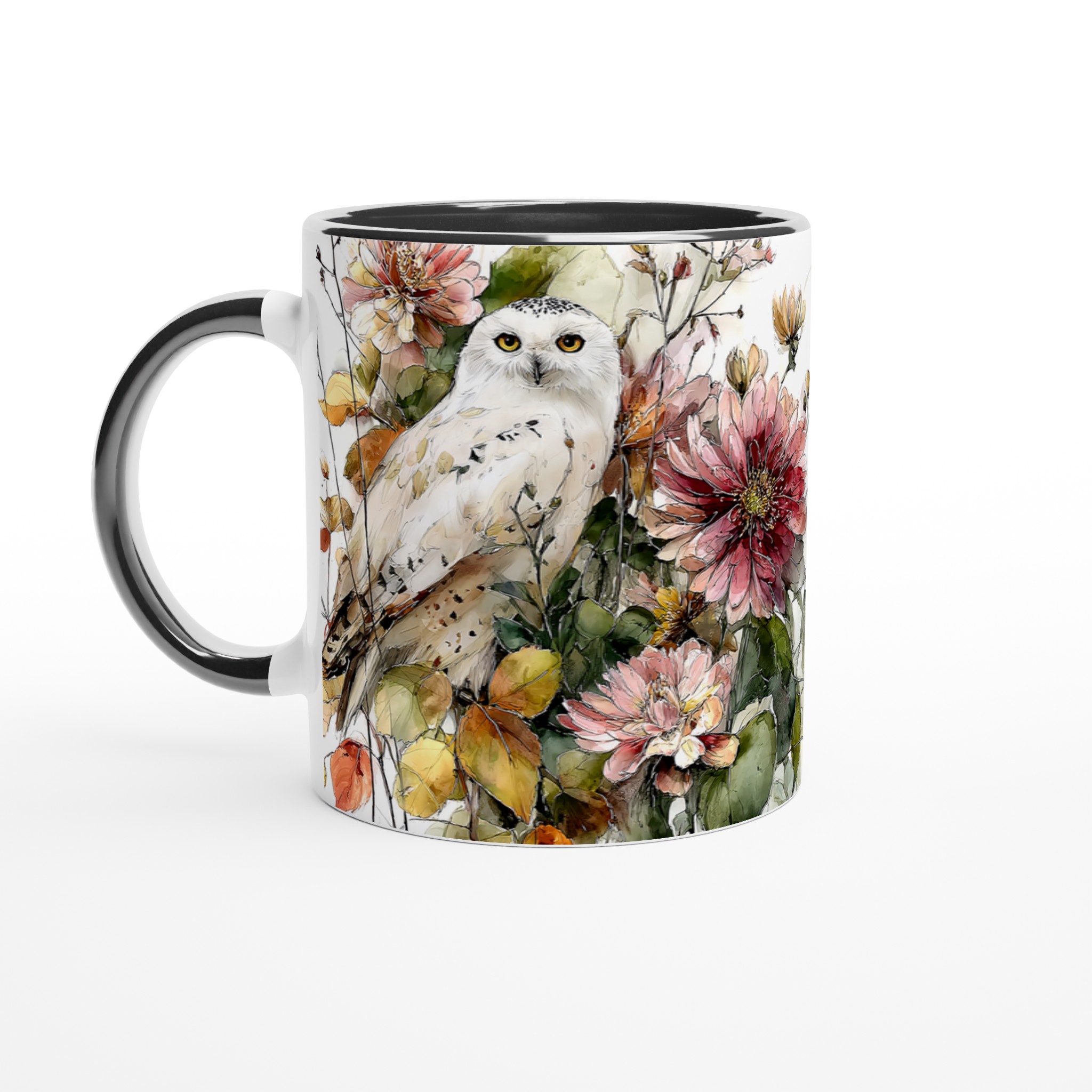 Vit 11oz keramisk mugg med elegant uggla och blommönster – välj din favorit bland sju färger 4 84618448-a7af-4b63-8d37-4eba33e3ad07