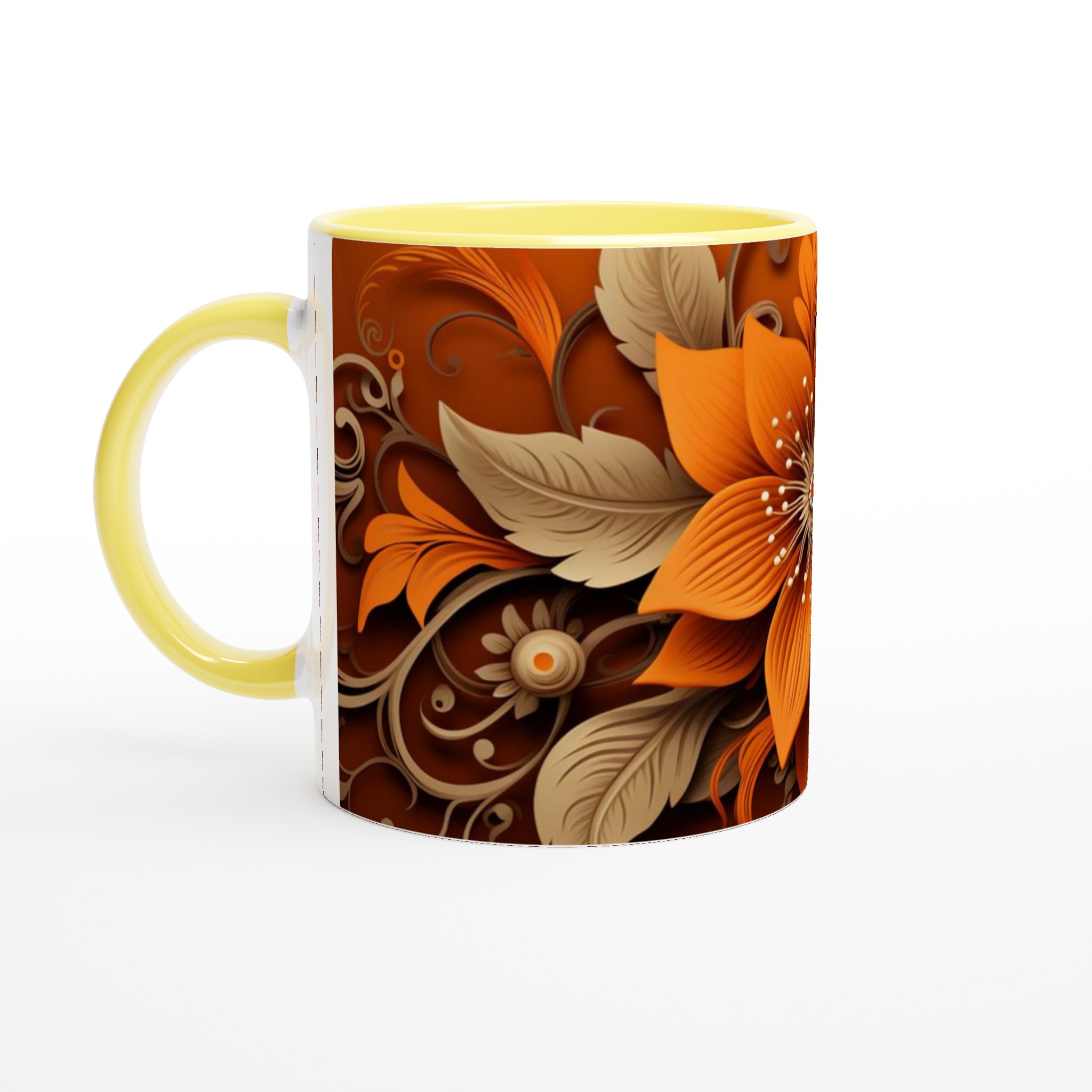 Vit 11oz keramisk mugg med sofistikerat blomstertryck i varm orange och beige 3 85a6daca-579e-4b5c-9fde-f29c2e02bbcb