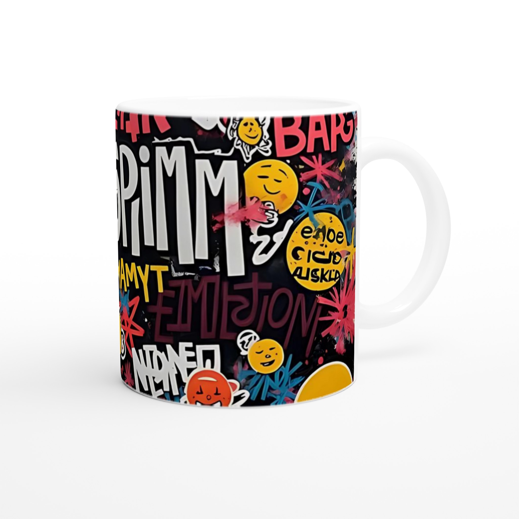 Vit 11oz keramisk mugg med färgstarkt graffiti- och emoji-motiv i flera keramiska färger 9 85b775b7-0d58-4f9a-963c-113f8c655e84