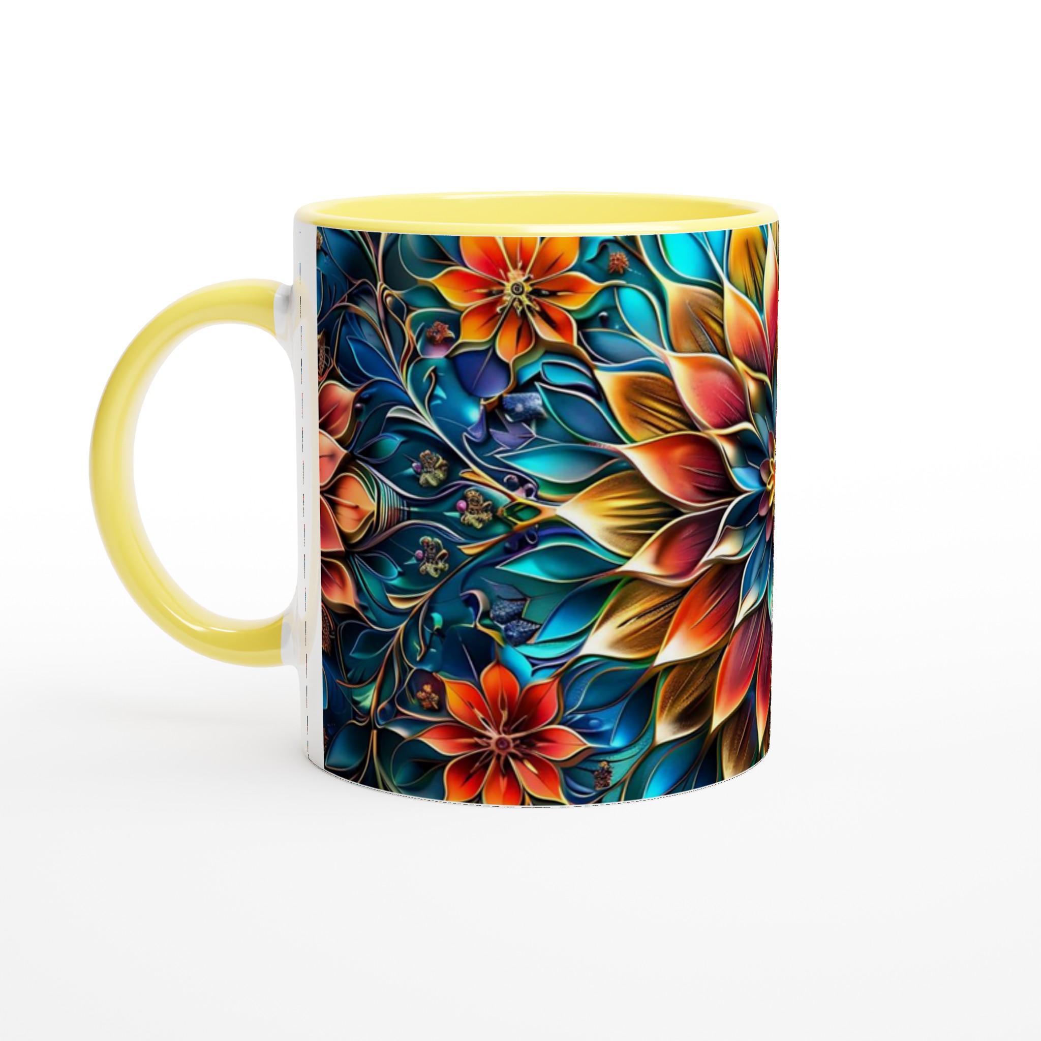 Mångfärgad Floral Mandala 11oz Keramisk Mugg – Konstnärligt Tryck i Valfri Färg 3 8638f116-f8c2-4b47-9fe5-ddb75ce47442