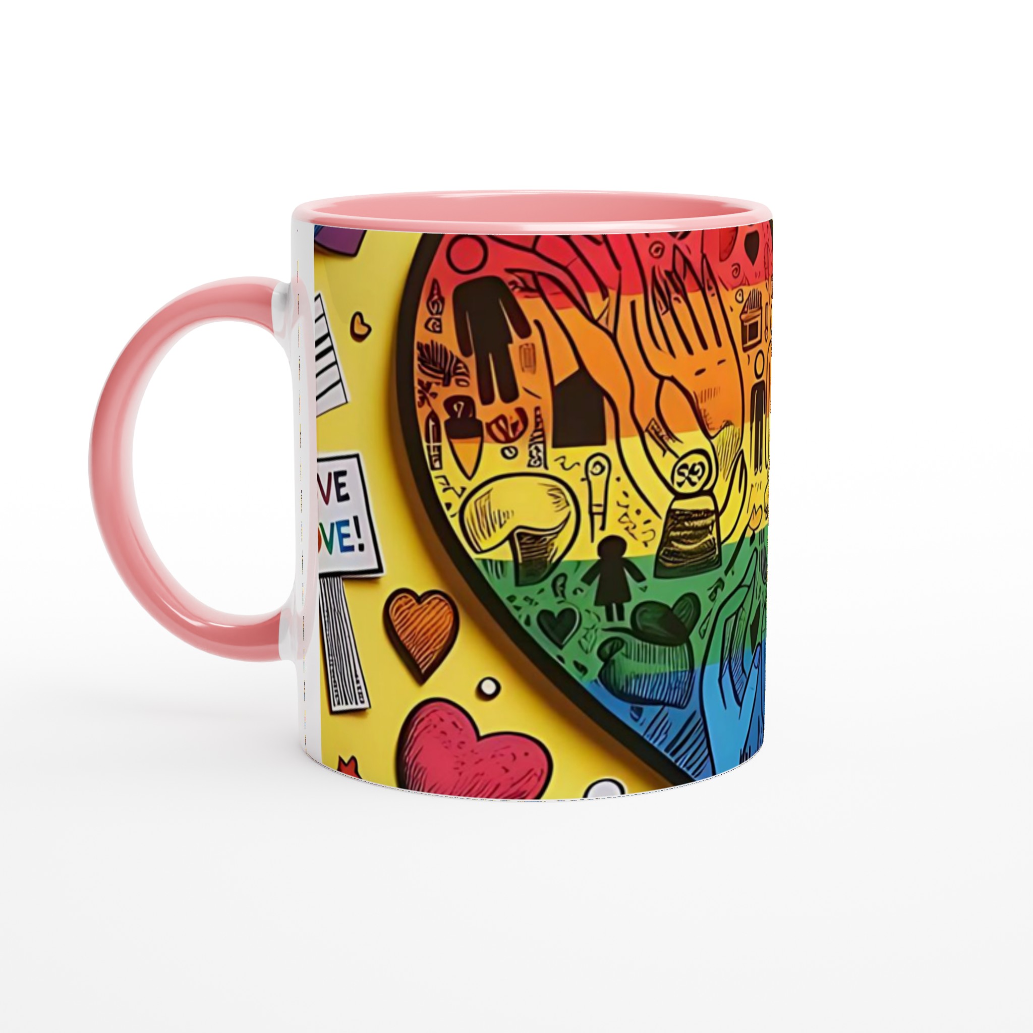 Vit 11oz keramisk mugg med färgglad PRIDE-hjärtdesign – välj bland sju livfulla keramiska färger 6 864bc532-b8f6-471b-97e8-715df8ebcf08