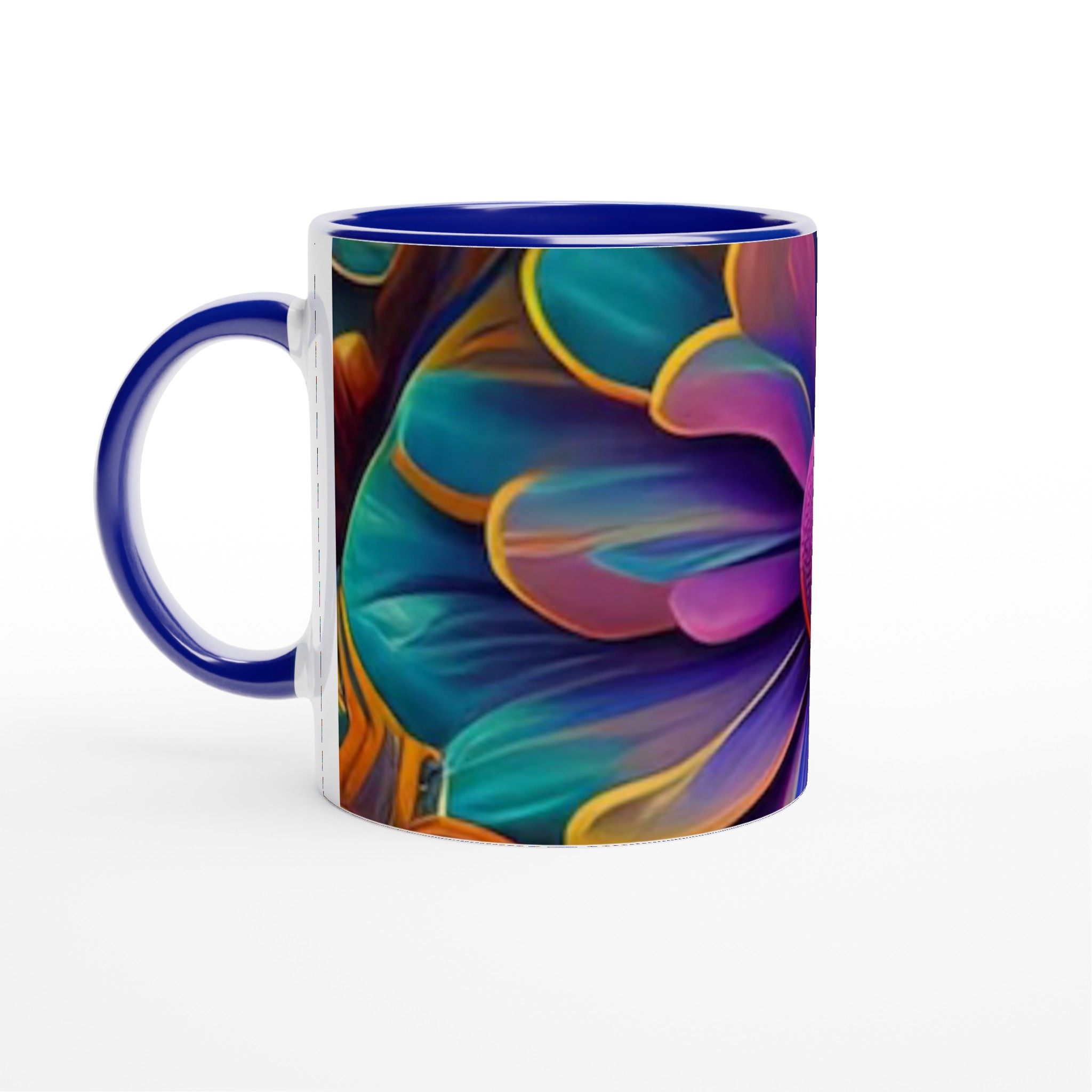 Vit 11oz keramikmugg med färgstark blomsterdesign – välj bland sju levande färger 2 86b2f7e9-9697-4fda-8c38-043db7c0abdd