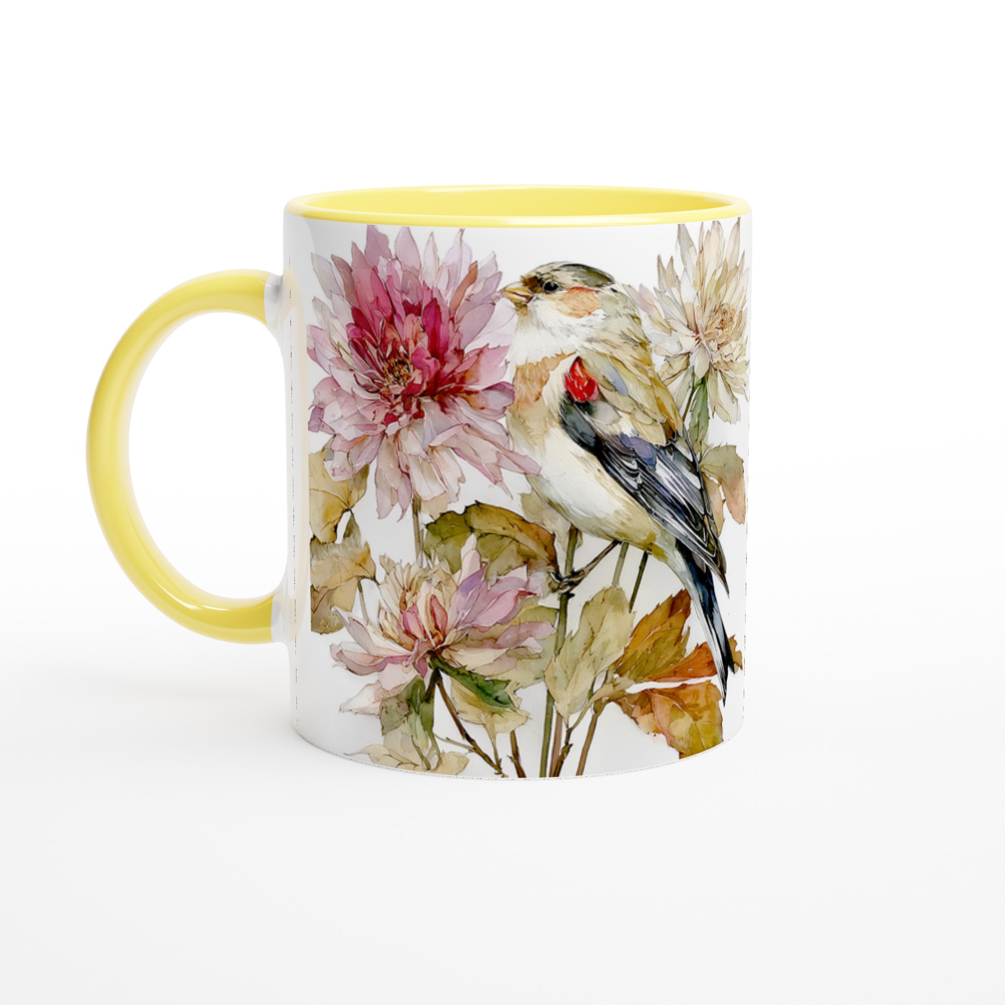 Vit 11oz keramisk mugg med elegant fågel och blomsterkonst i balanserade pastelltoner 3 873d1a8b-58ee-4591-a51a-c36ca9b99e36