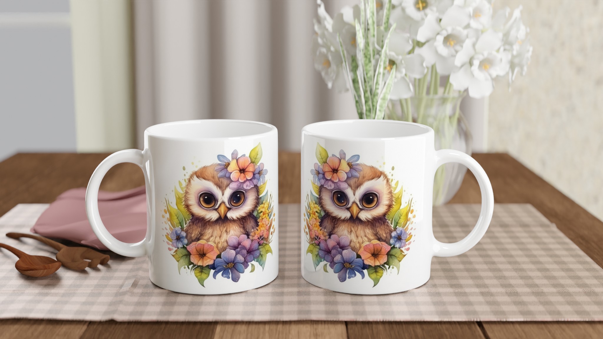 Vit 11oz keramisk mugg med charmig ugglemotiv – välj din favoritfärg för en personlig touch 10 875d9735-31cc-4f70-b52d-f98bc53f4743