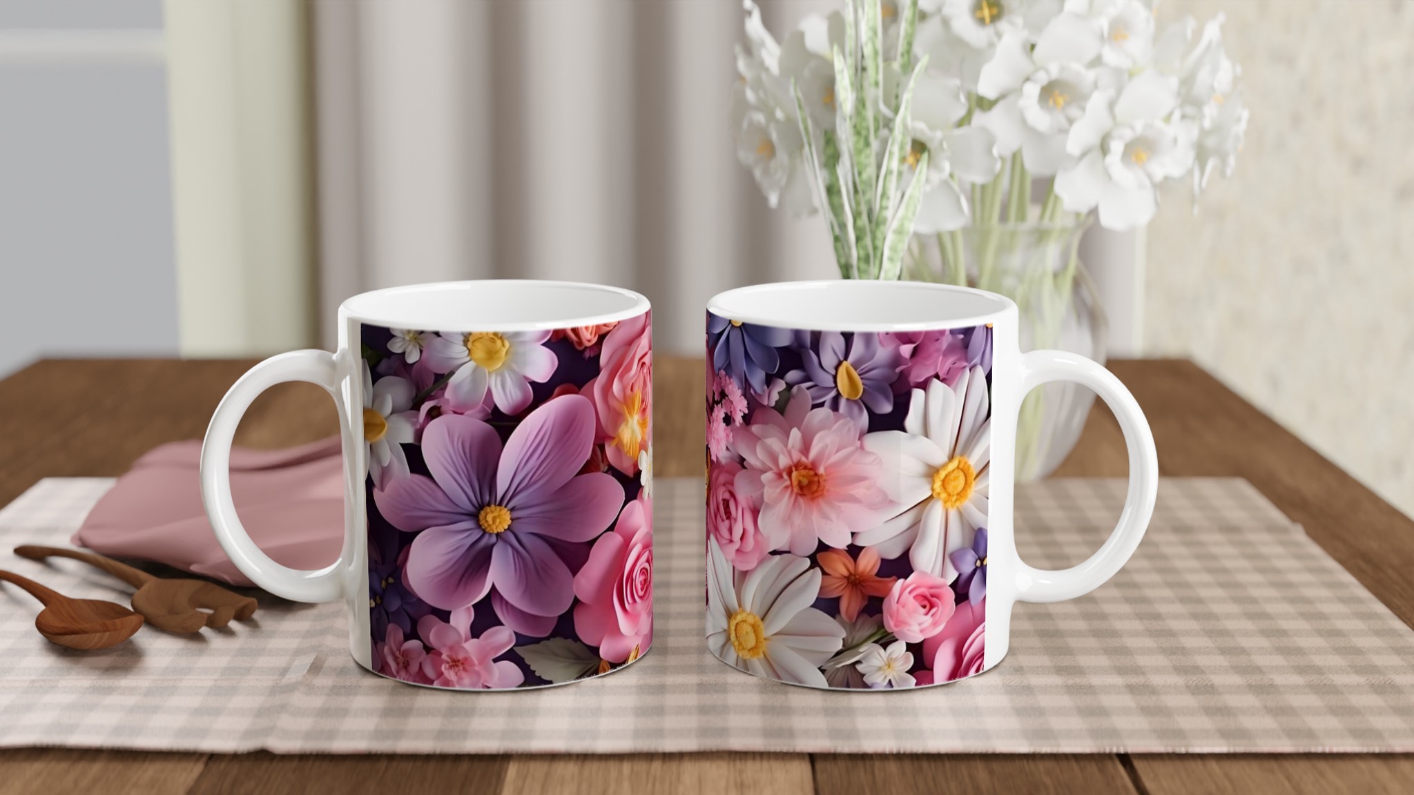Vit 11oz keramisk mugg med blomsterdesign – välj bland sju livfulla färger 10 878f374c-f975-458f-a51b-53269f13f64e