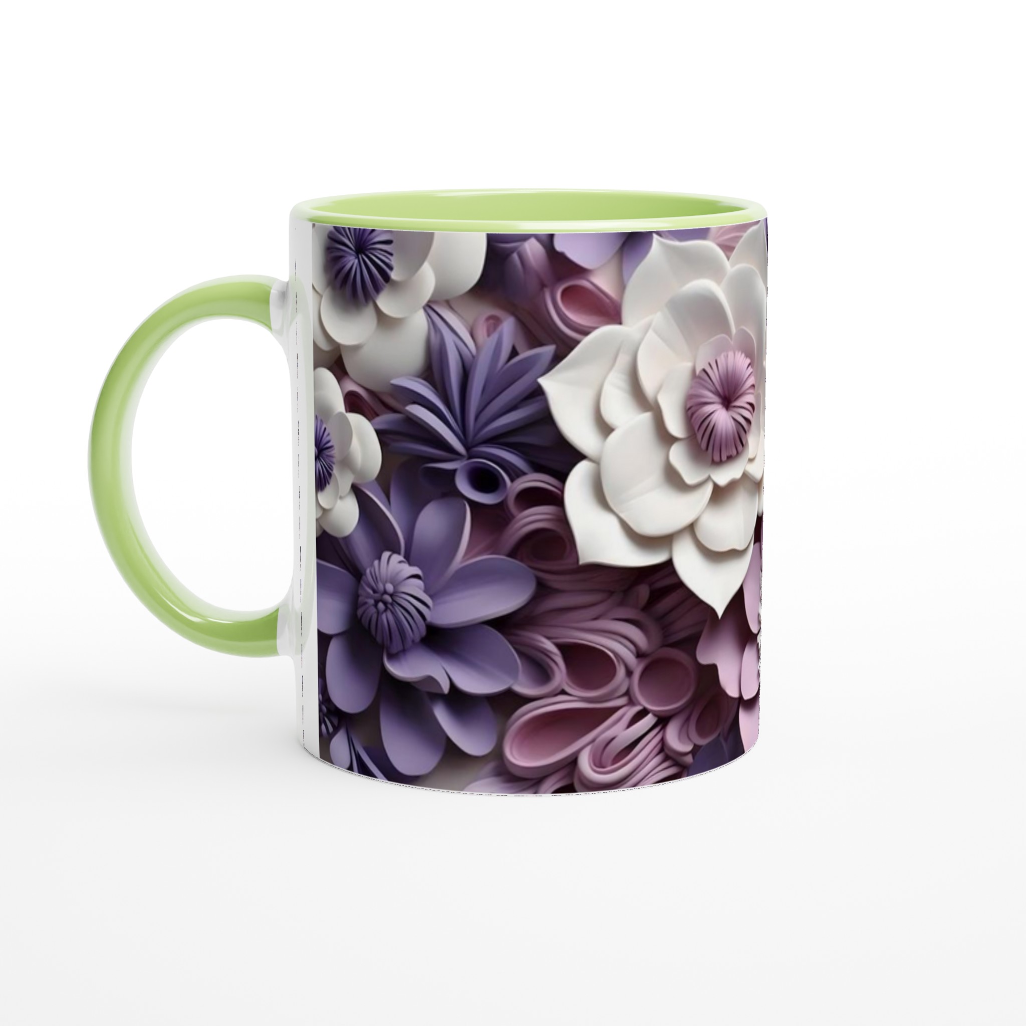 Vit 11oz keramisk mugg med elegant blad- och blomdesign i mjuka pastellfärger 7 87c766c3-08a8-48bf-bb76-f92f181c7838