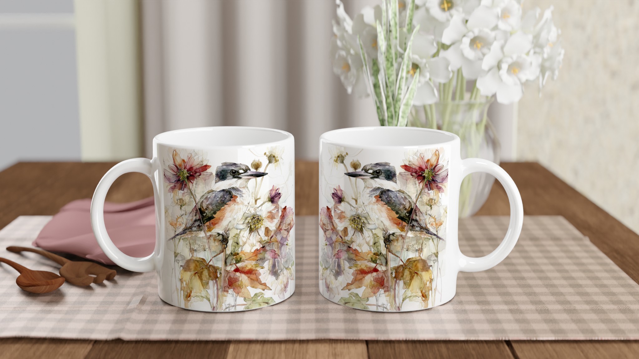 Vit 11oz keramisk mugg med konstnärligt fågelmotiv i mjuka höstnyanser 10 87c9ddee-bacd-443a-b752-d69cbbccc0e2