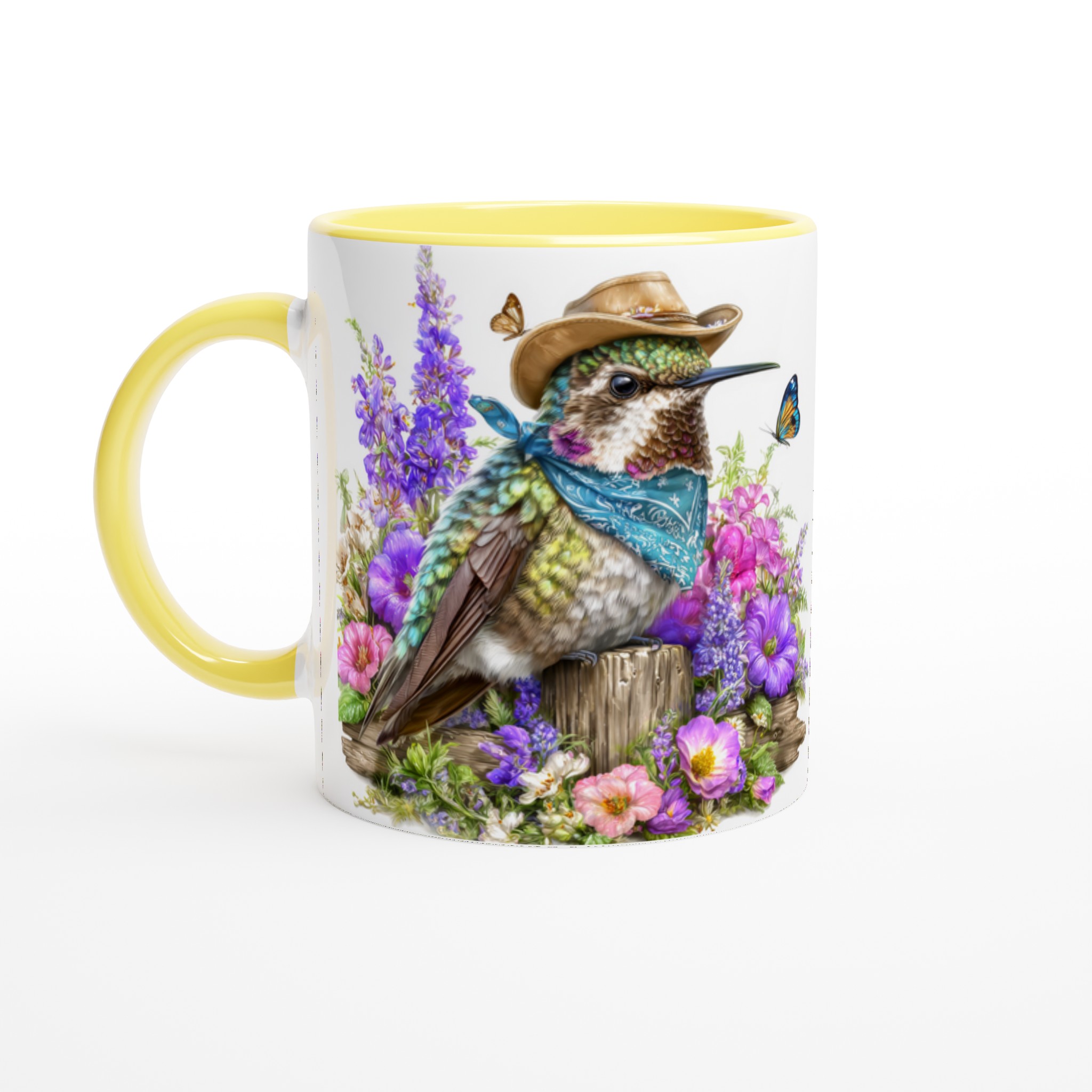 Vit 11oz keramisk mugg med färgstark kolibri i cowboyhatt – välj bland sju livfulla keramikkulörer 3 87d78b7b-859a-4bef-9425-41e9665f84b9