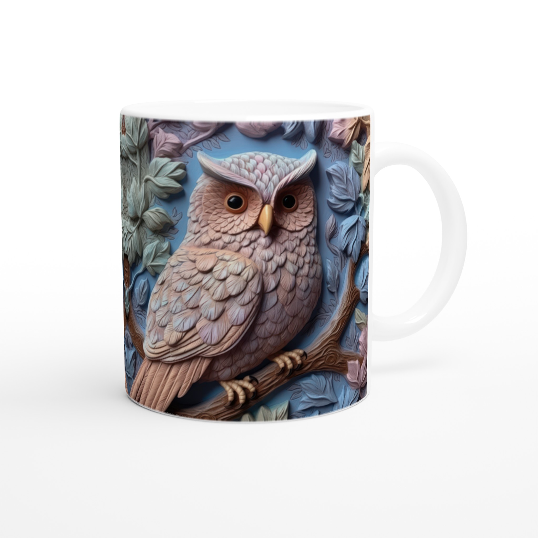 Vit 11oz keramisk mugg med detaljerad uggleskulptur i mjuka jordtoner – välj bland sju färgstarka keramiknyanser 9 88035543-8884-4b21-a5df-4937d080618c