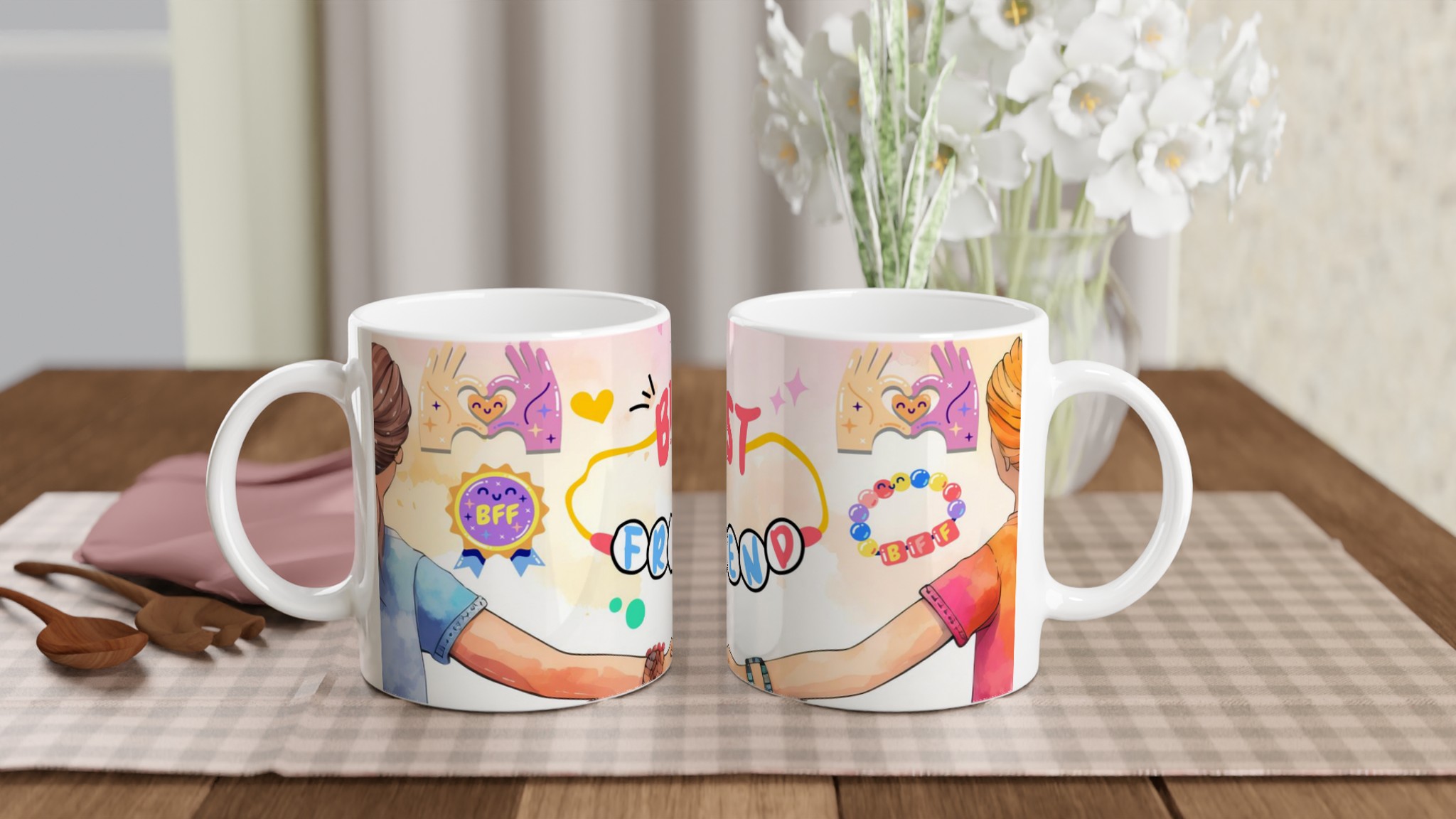 Vit 11oz keramisk mugg med färggrann BFF-illustration – välj mellan sju livfulla keramiska nyanser 10 8838b528-563c-4c3b-aad7-7bd8f6f397d9