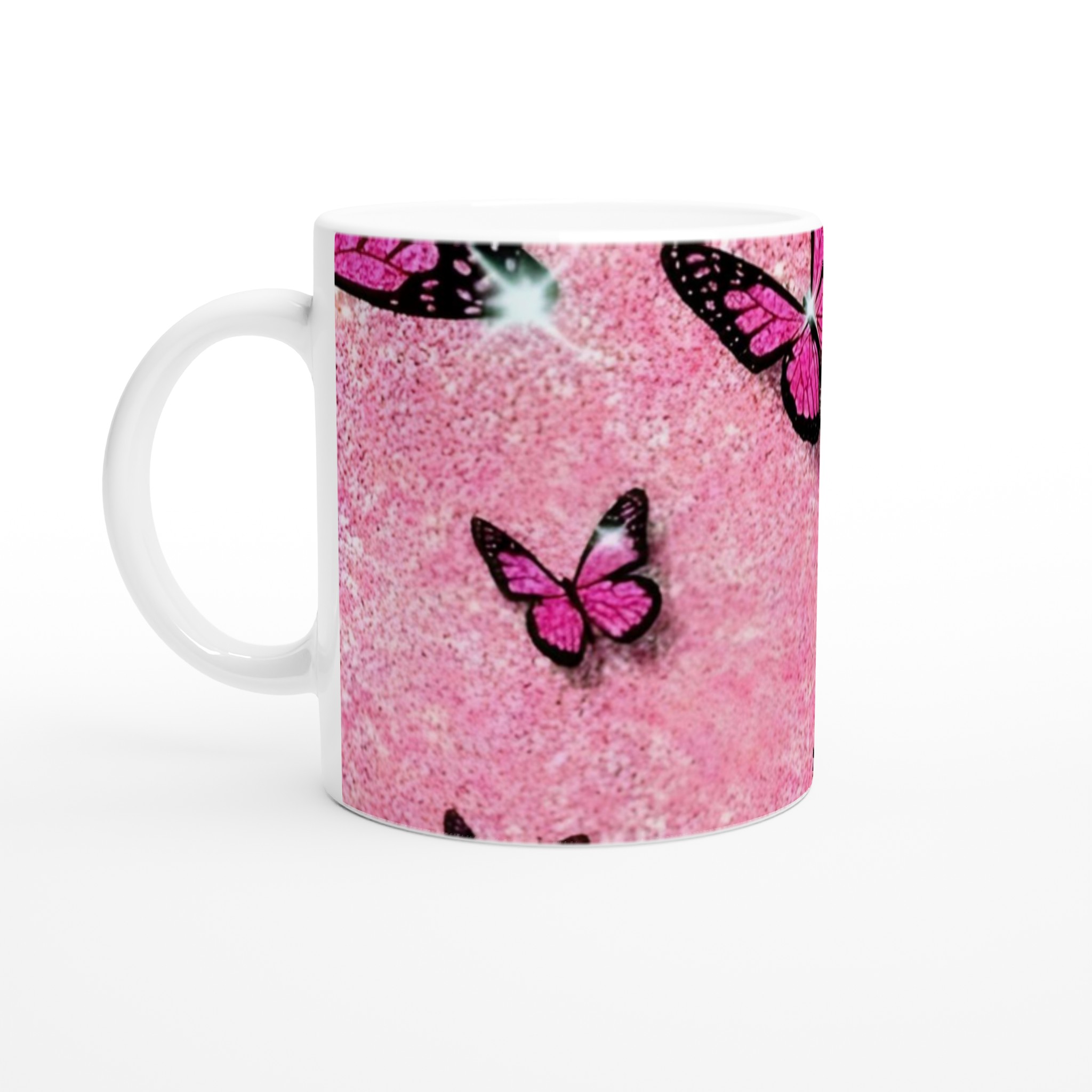 Vit 11oz keramisk mugg med glänsande rosa fjärilsmotiv – välj din favoritfärg 1 88516edf-e6e3-4017-a9c3-57885e6f9a6e