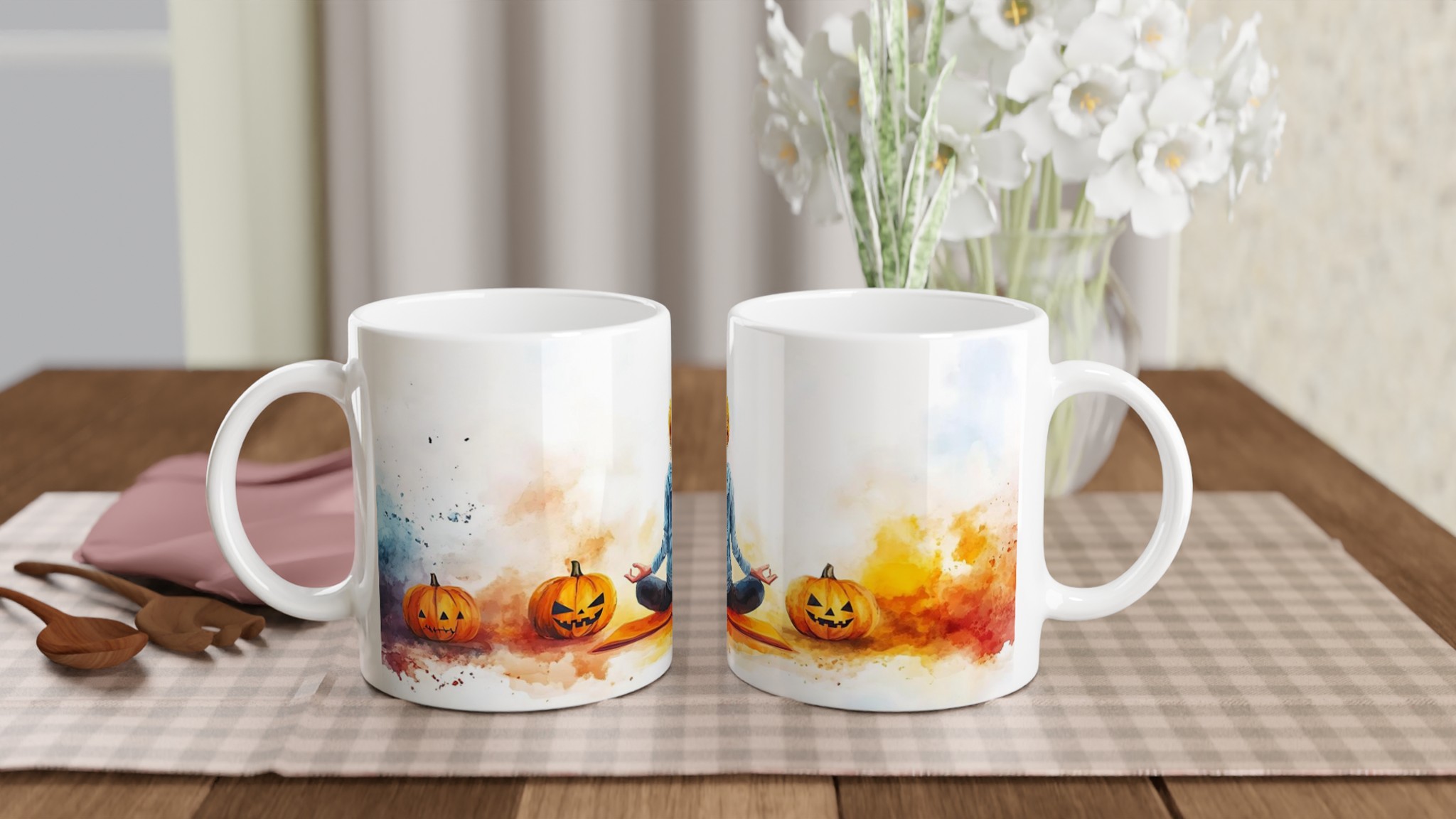 Zen Halloween Mugg - Skrämmande Avslappnad Yogapumpa i Akvarellstil, Välj bland Flera Färger 10 898ac08c-1e77-4600-b8be-28ce968cc680