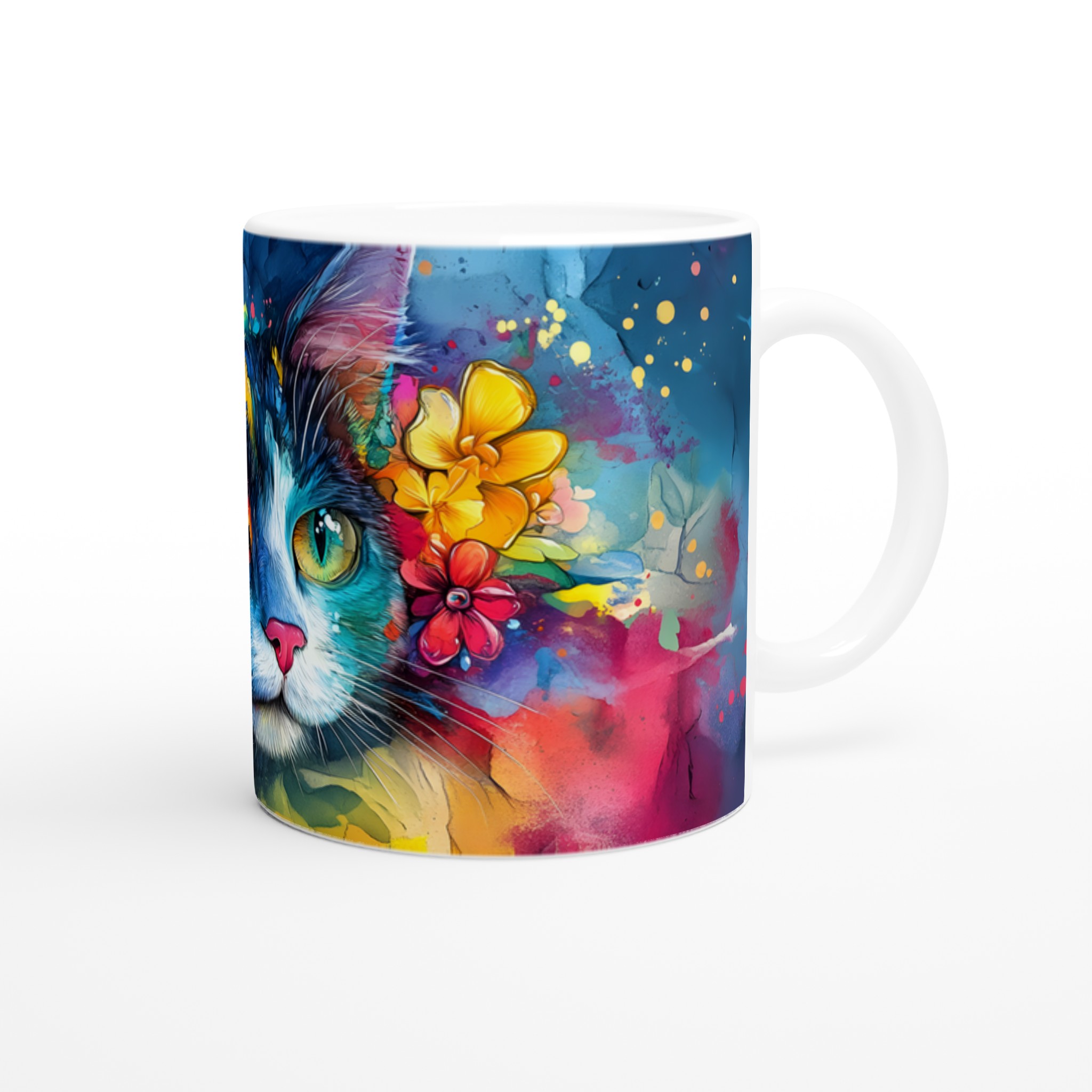 Vit 11oz keramisk mugg med färgstark konstnärlig katt, välj bland sju livfulla keramiska färger 9 89a492b3-6901-4307-a035-bbce1a9e60a1