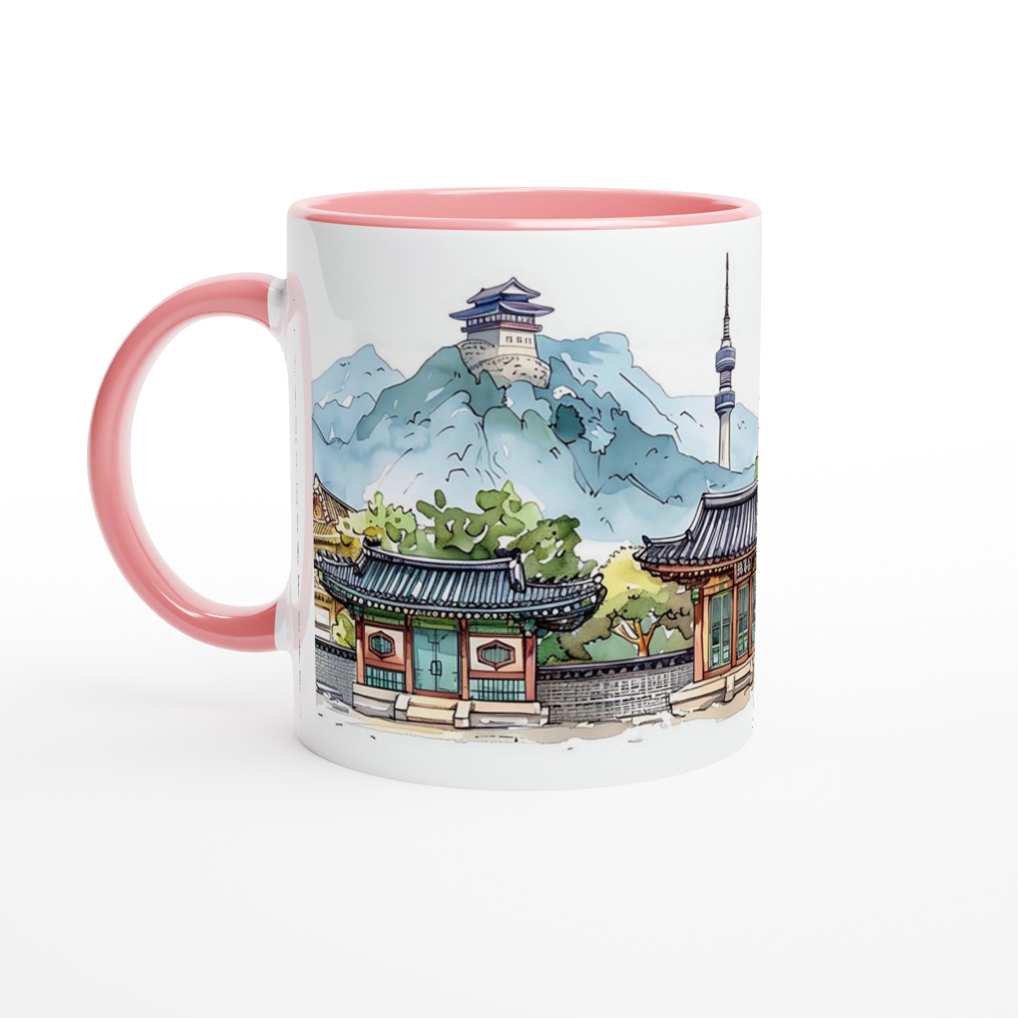 Seoul Skyline Akvarellmugg – Koreansk Arkitektur & Bergmotiv, 11oz Keramisk Mugg i Valfri Färg 6 89cfed63-e4cd-424b-922f-4c100e6e246a
