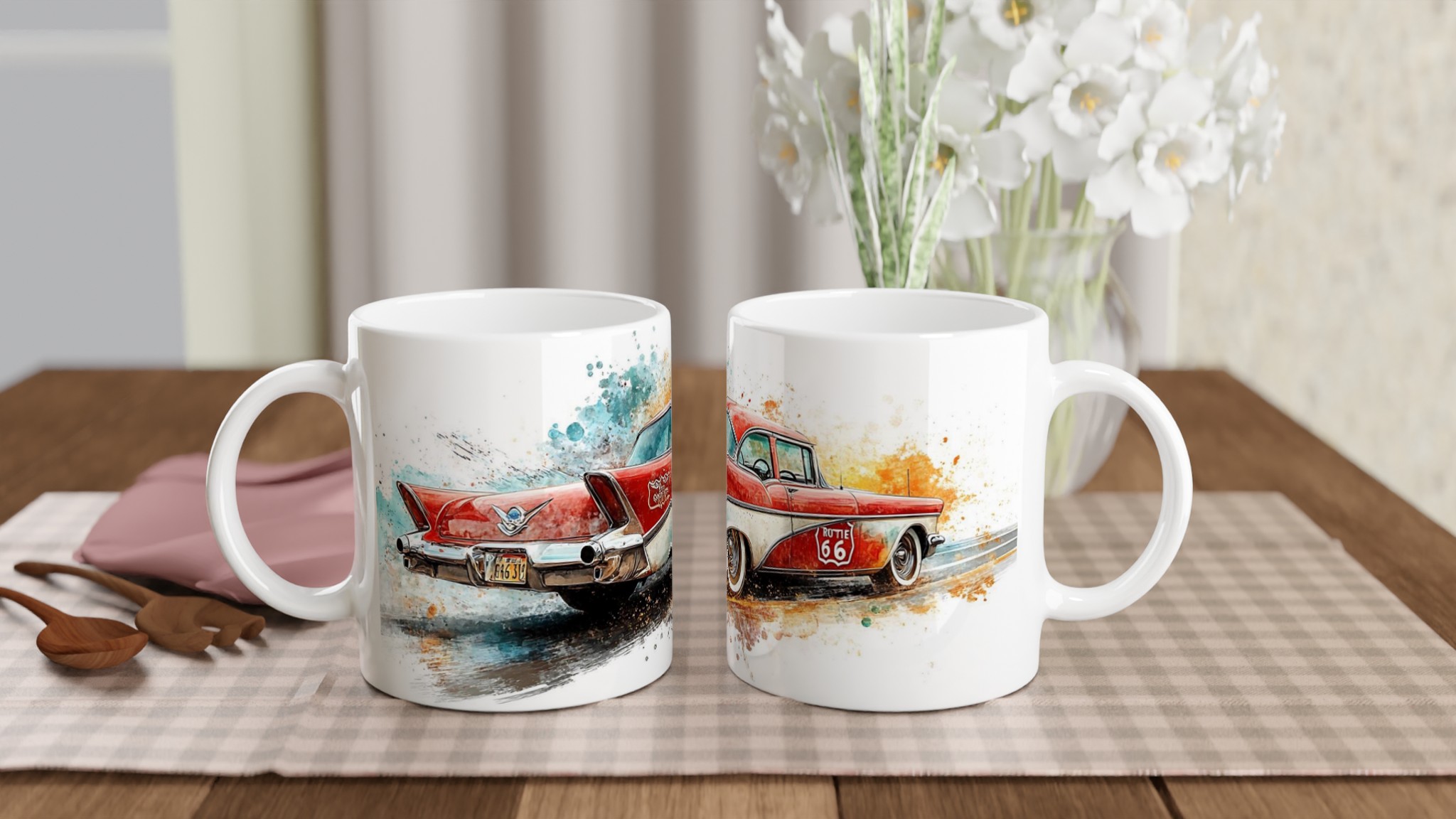 Route 66 Retro Mugg – 11oz Keramikmugg med Vintage Bil & Akvarelldesign, Välj din färg! 10 8a577a51-588e-4984-bd18-b0e95bf626ec