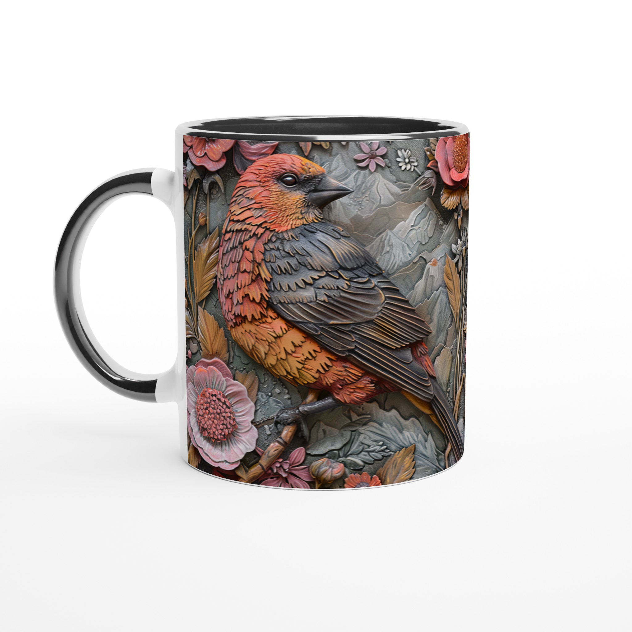 Vit 11oz keramisk mugg med elegant fågel- och blommotiv – välj bland sju charmiga färger 4 8a77f540-f22c-47ec-9d18-7e9001146d1b