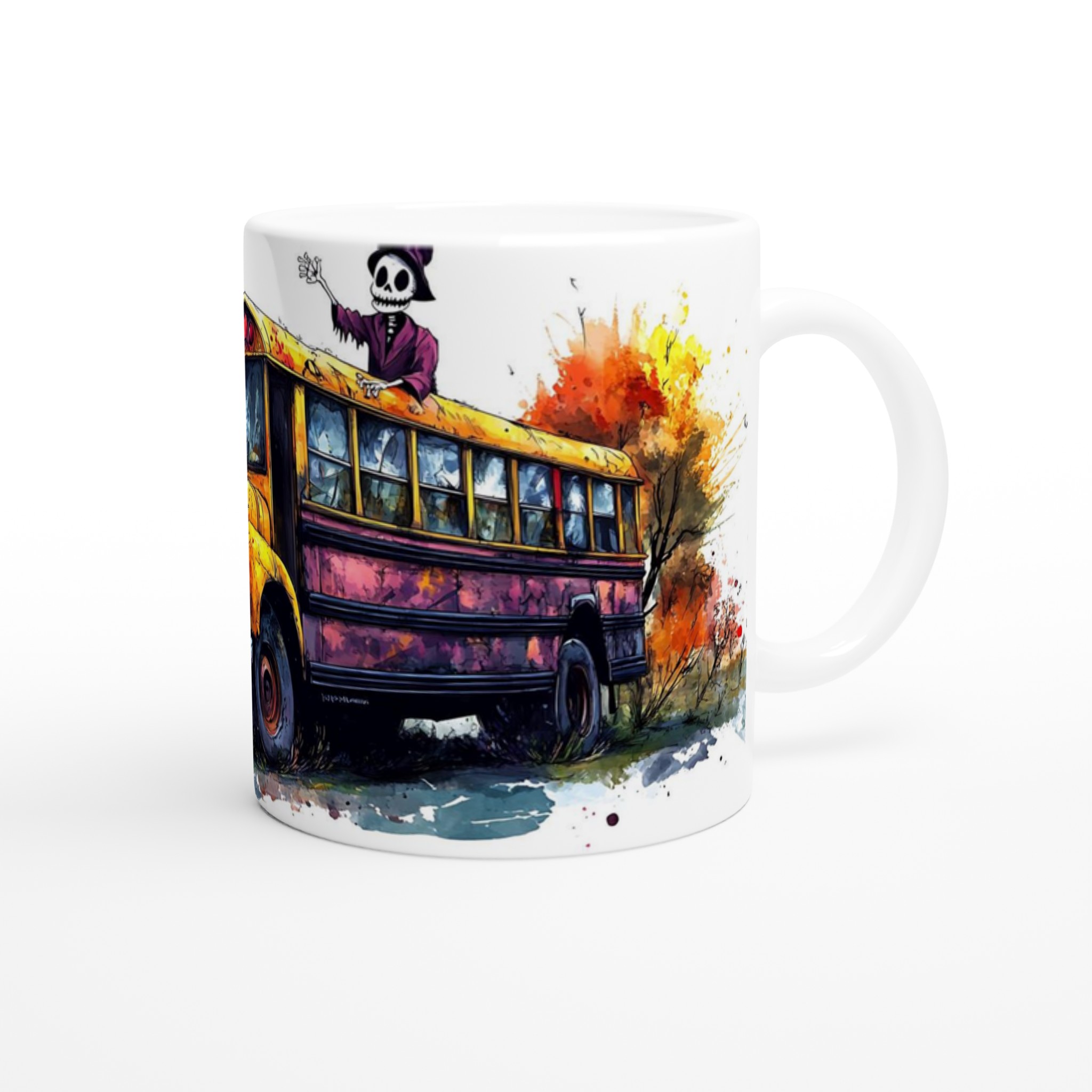 Mystisk Skolbuss Halloween Mugg – Skelett på Spökfärd i Akvarellstil, 11oz Keramikmugg 9 8a7cdd87-d3fd-40b4-823a-20e1f7e07aac