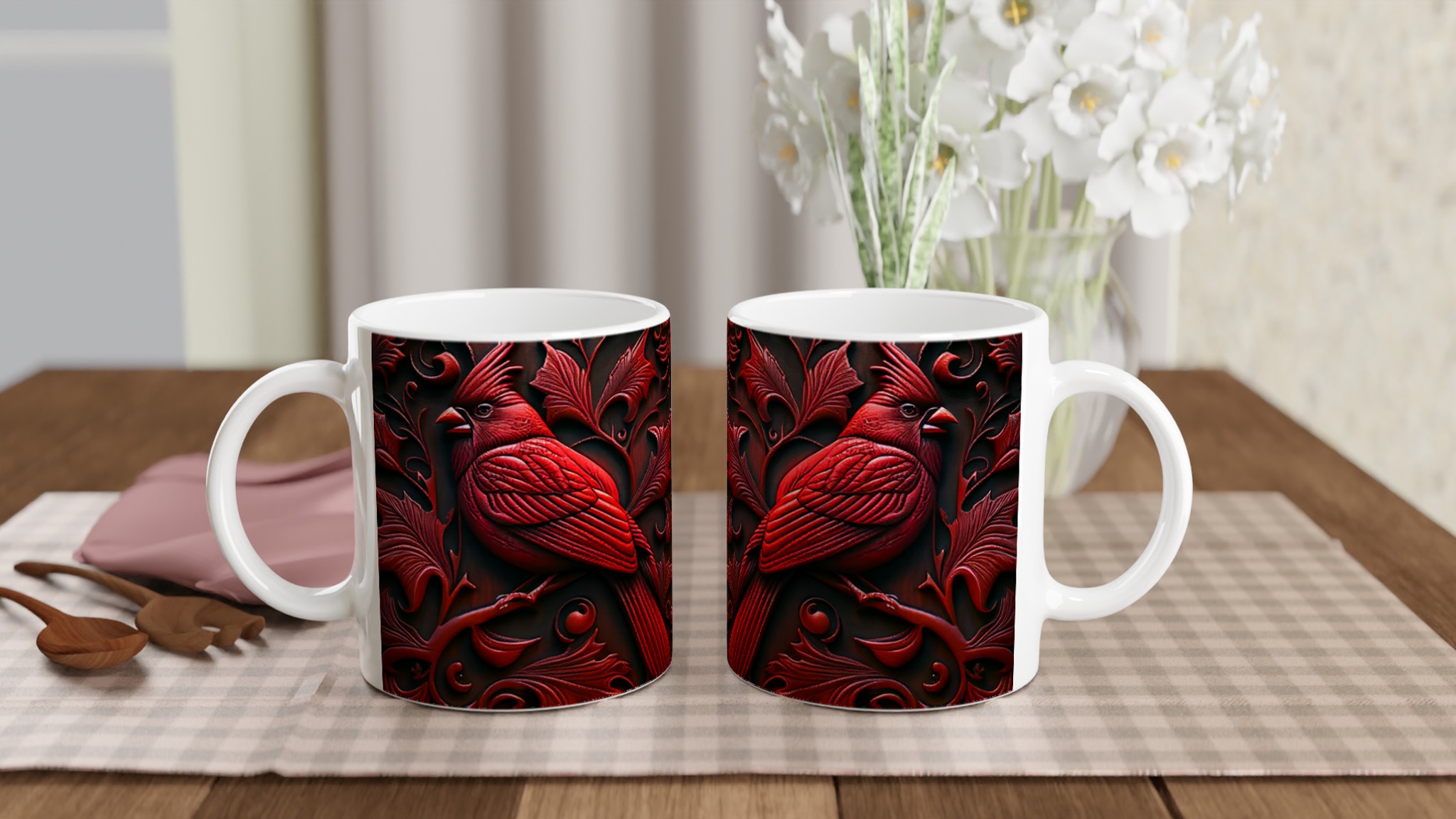Vit 11oz keramikmugg med elegant kardinalfågelmotiv i djup röd – välj din favoritfärg 10 8ab0ddd0-75ef-459b-bab8-3a22c7fbe11f