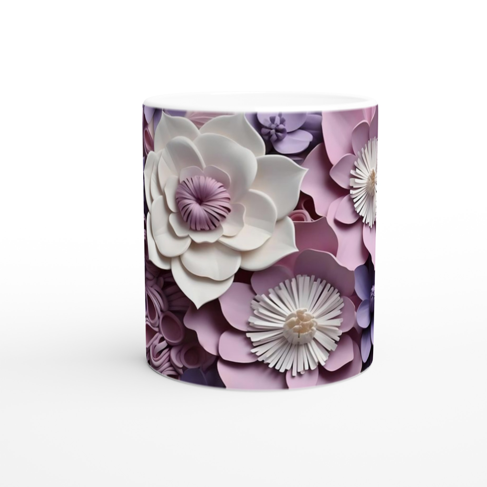 Vit 11oz keramisk mugg med elegant blad- och blomdesign i mjuka pastellfärger 8 8b849837-4bbe-4379-9a9d-218709a5ed76