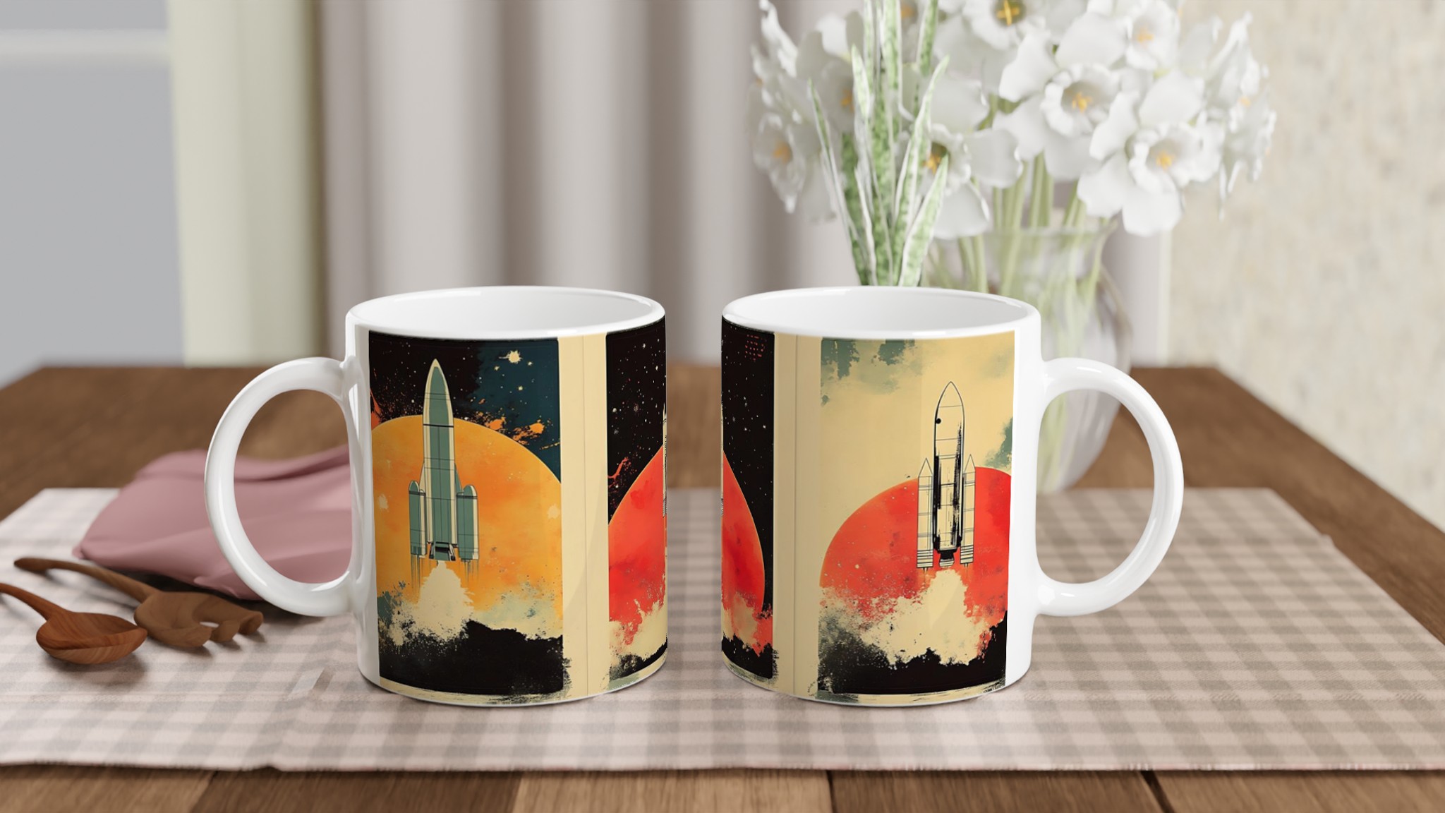 Retro Space Odyssey Mugg – 11oz Keramisk Mugg med Raketmotiv och Starka Kontraster 10 8d0e7193-440f-451d-8b98-268952775abf