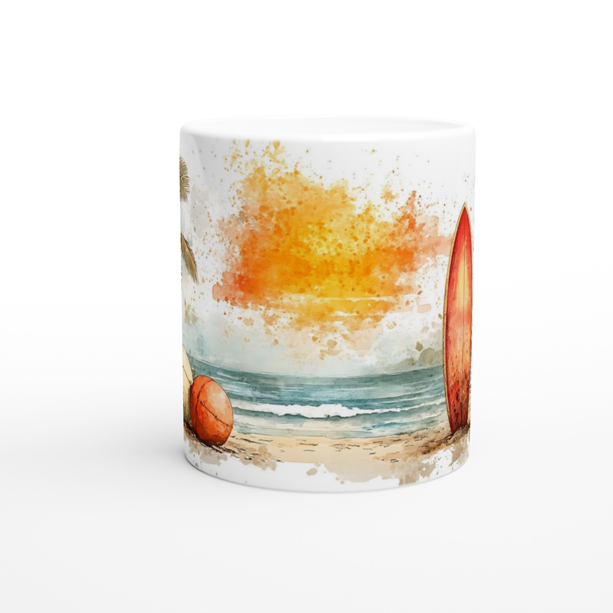 Tropisk Strand Mugg - 11oz Keramisk Kaffekopp med Surfmotiv & Palmträd i Akvarellstil, Välj bland Flera Färger 8 8db44ab6-f96f-4bb5-8237-c95552ea3719