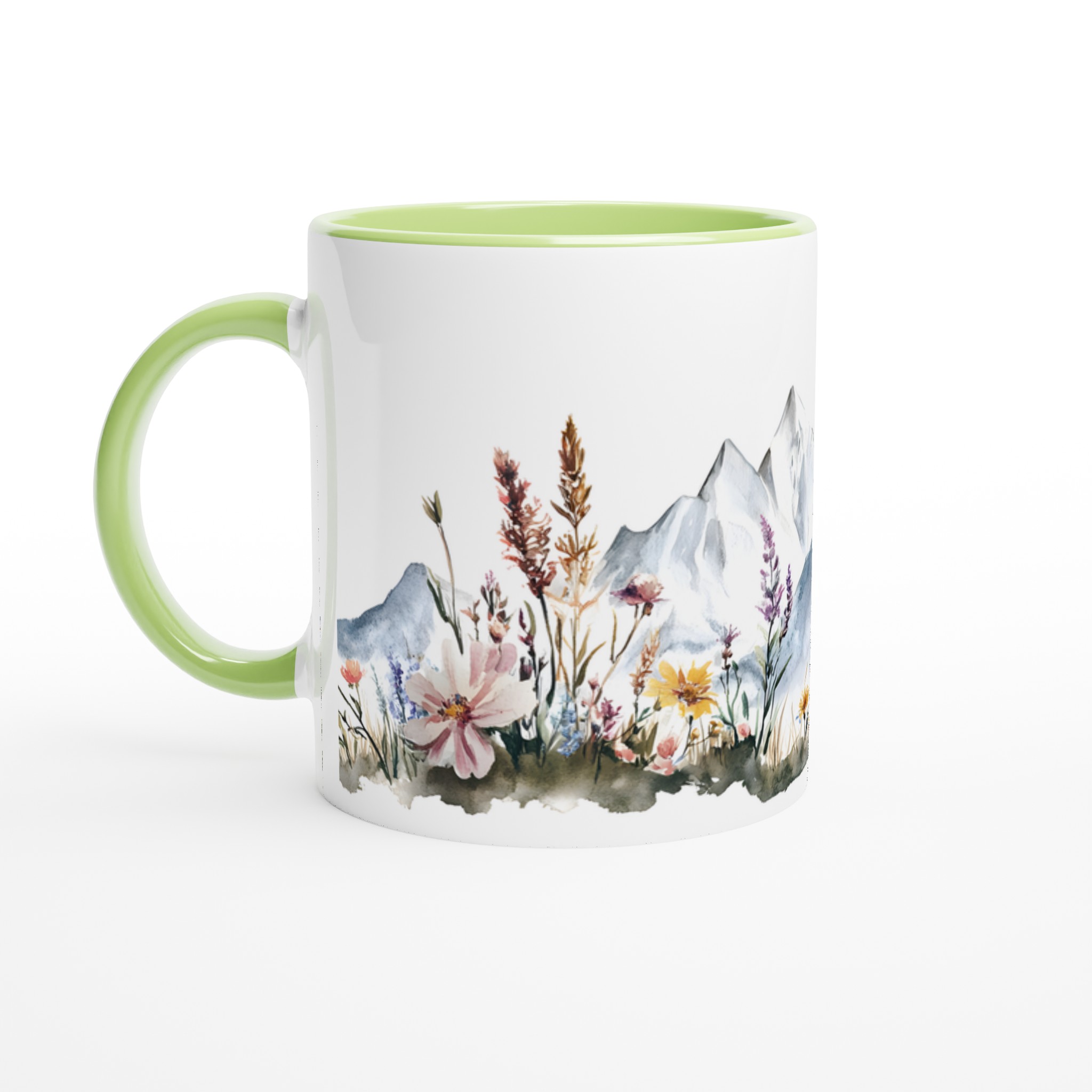 Alpin Blomstermugg: Akvarell Berg & Vilda Blommor – 11oz Keramikmugg i Valfri Färg 7 8e4b207b-e64e-42e9-966c-af7b5fb6d1cb