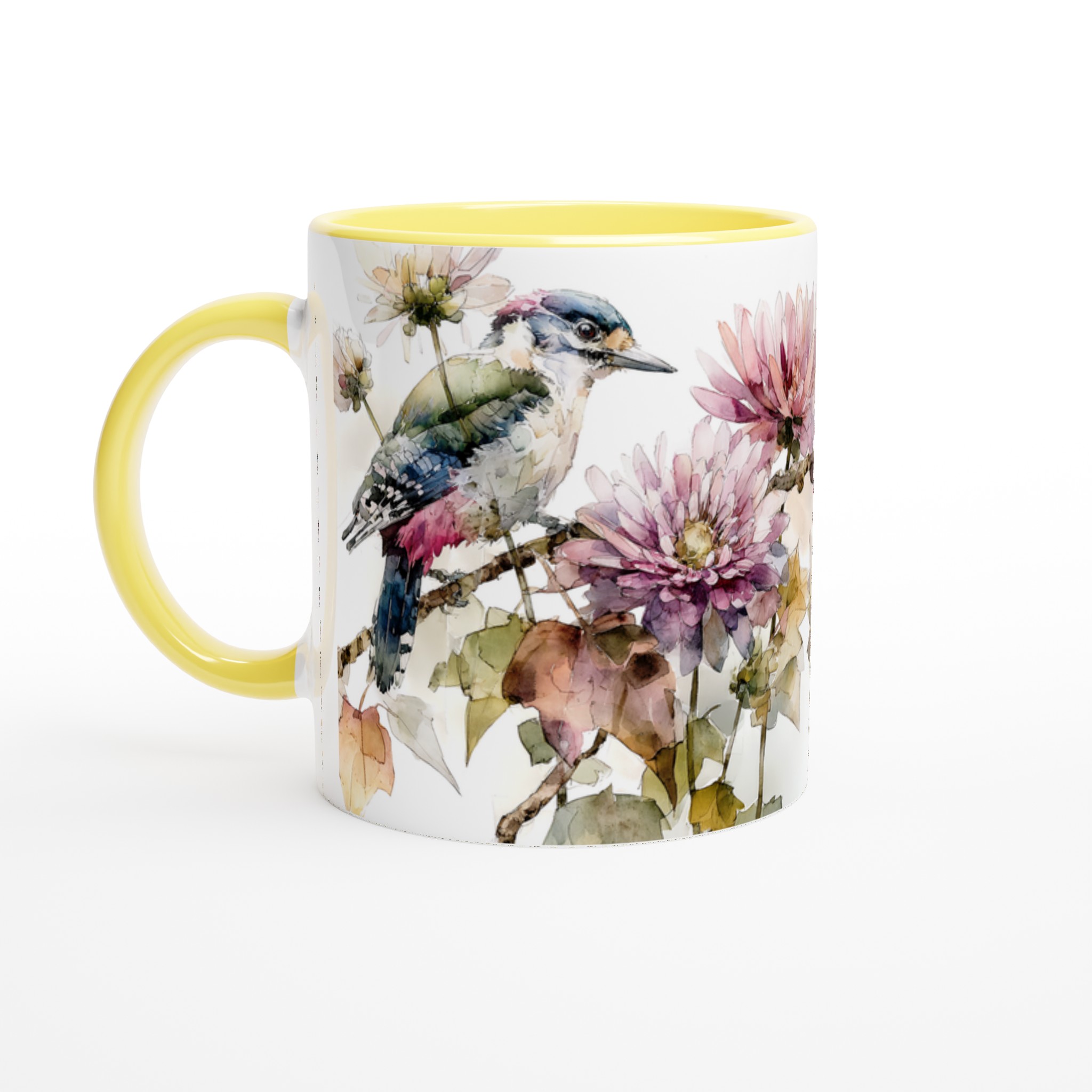 Vit 11oz keramisk mugg med akvarellinspirerat fågel- och blommotiv i flera vackra färger 3 8f9ac6ae-8673-48b6-b639-54585fea60a8