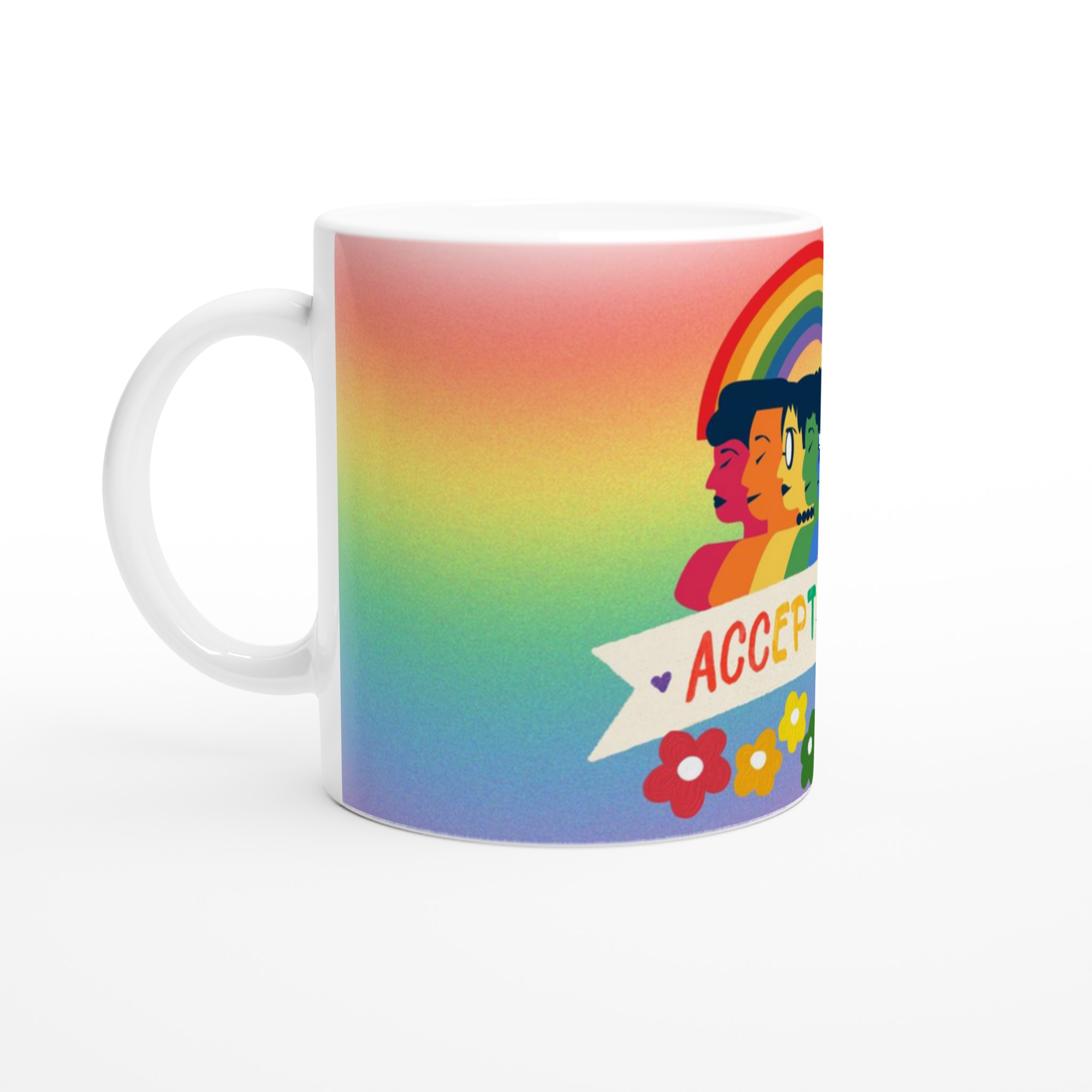 Vit 11oz keramisk mugg med colorfullt Acceptansmotiv – välj bland sju livfulla keramiska färger 1 9045bbb8-80a7-43d3-bf1e-c11caa4d287a