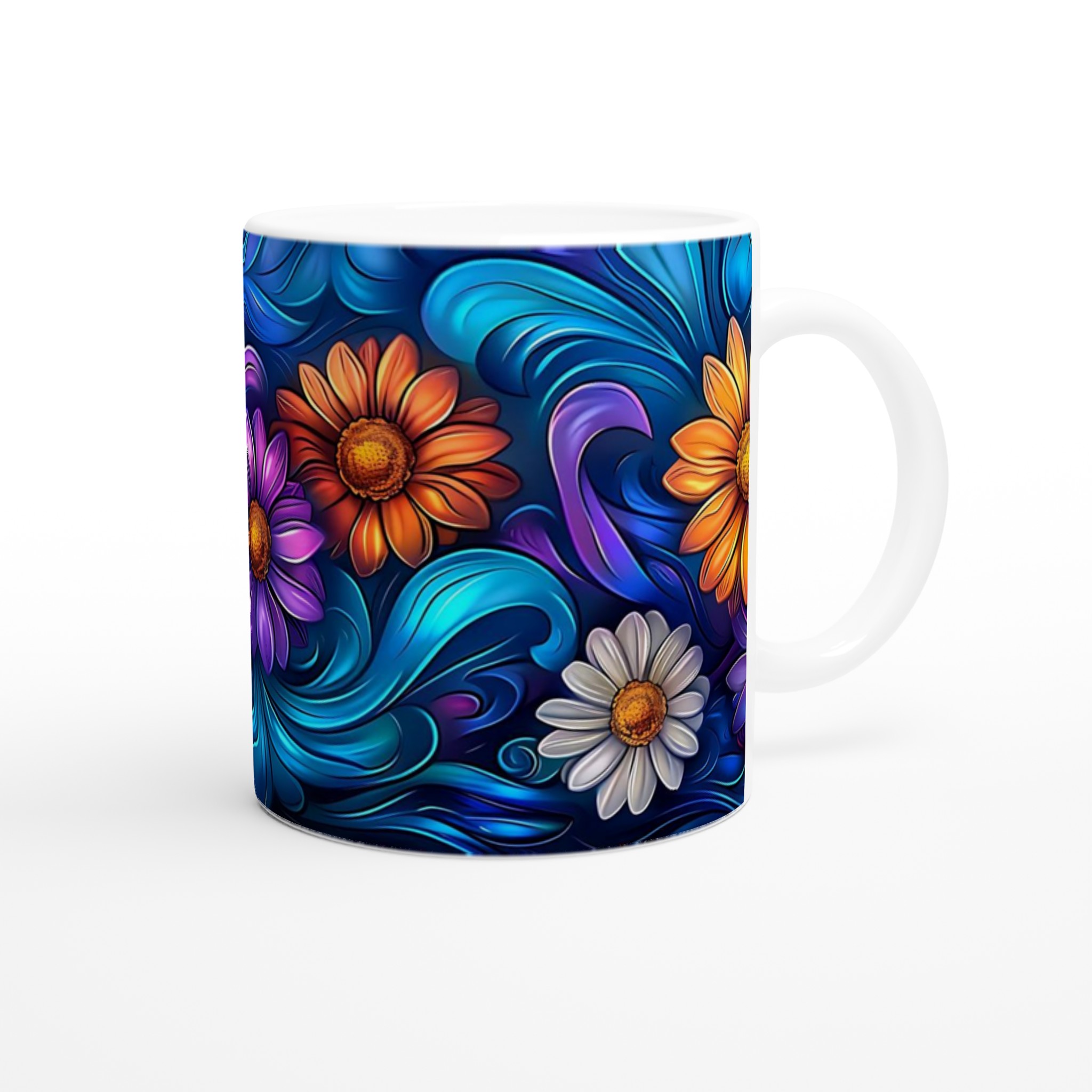 Färgexplosion Blommig Keramikmugg - 11oz Vit Kopp med Vibrerande Blommönster & Flytande Detaljer 9 906d3c43-cb42-4074-b274-4745477d2880