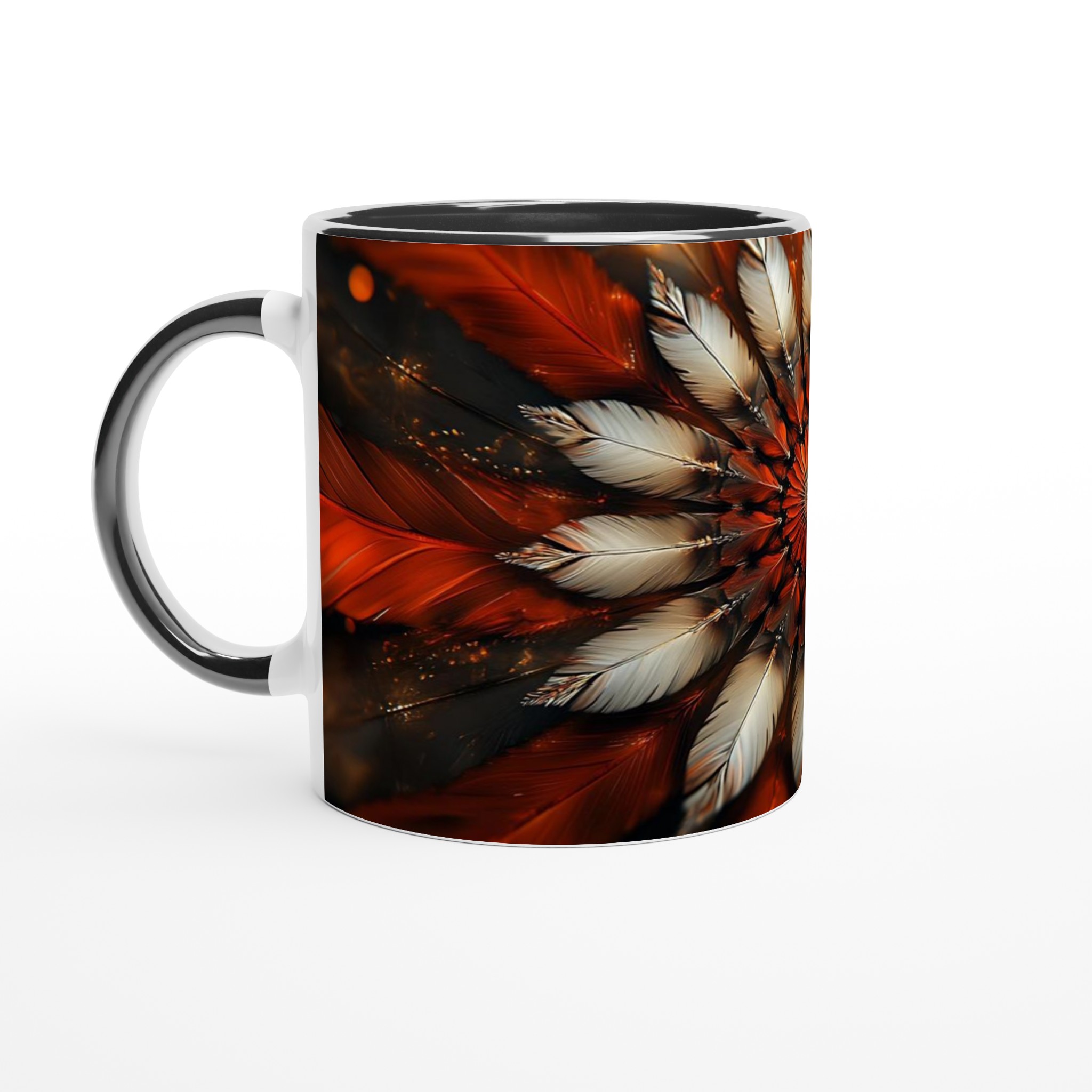 Konstnärlig Fjäderkalejdoskop Keramisk Mugg – Orange, Krämvit och Svart Abstrakt Design 4 909f3f0f-9c44-49f6-8f56-7be09833b057