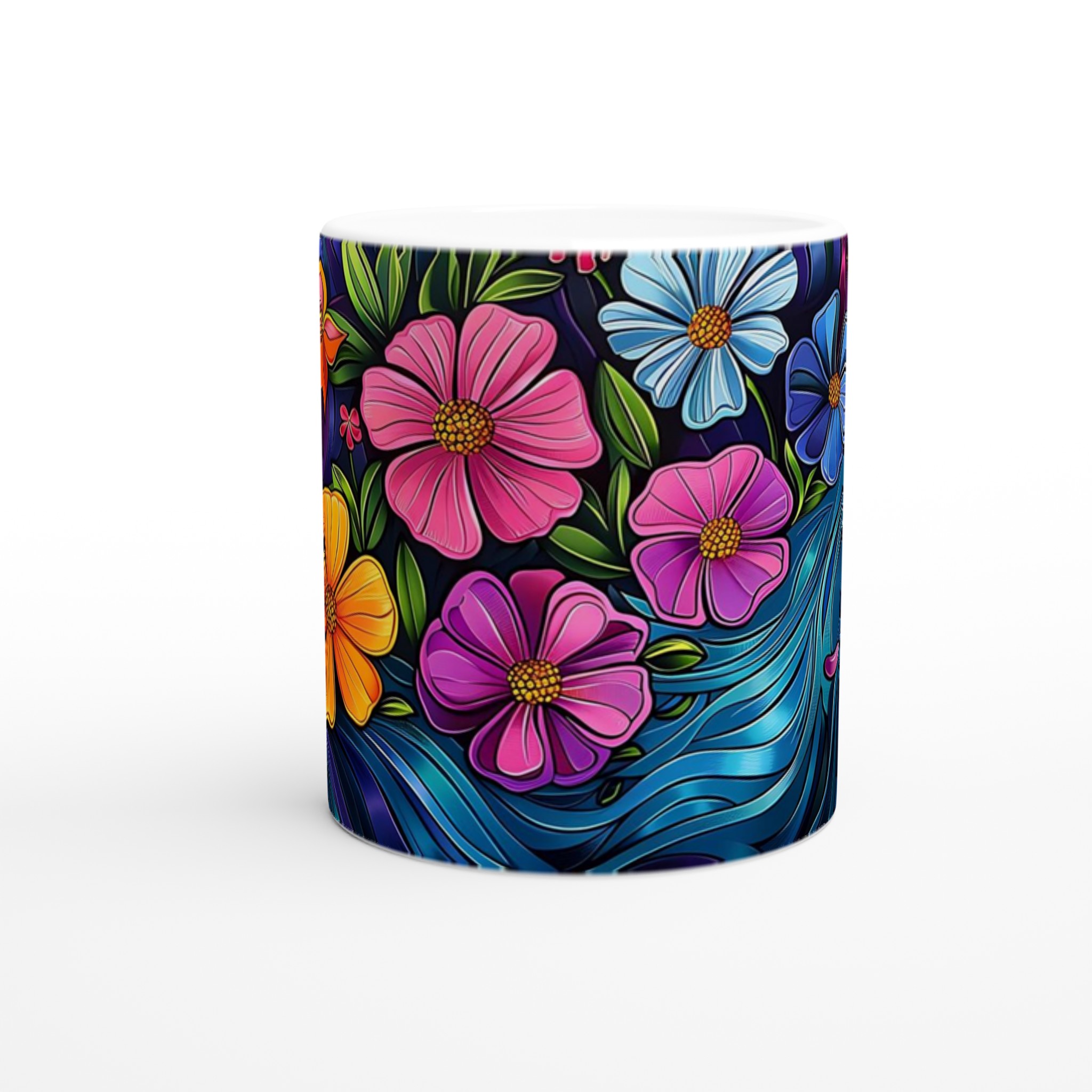 Konstfull Blomster Dans – 11oz Keramisk Mugg med Vibrerande Blå Vågor 8 9121c65e-2f57-4e05-857e-cbf772c76fc0