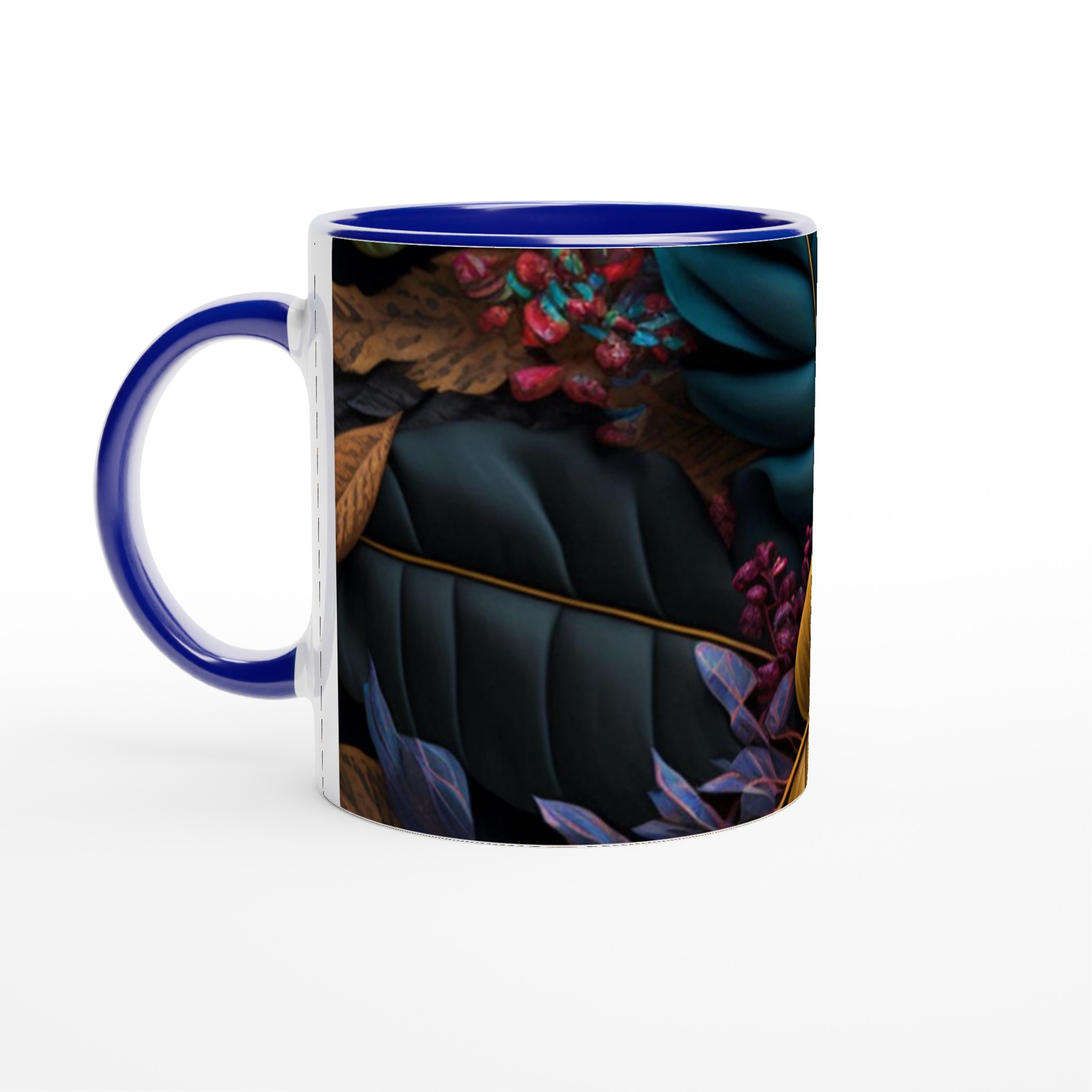 Vit 11oz keramisk mugg med konstnärligt bladmotiv i eleganta färger 2 91259a30-07ae-4e74-b1aa-133053ecf8bd