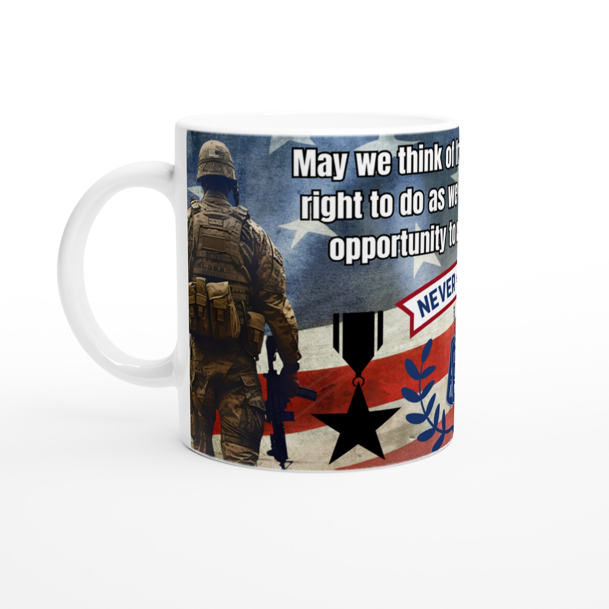Vit 11oz keramisk mugg med patriotic Never Forget-motiv – välj bland sju kraftfulla färger 1 9172dc43-0c4f-4eb1-88a3-c7e486dd7140