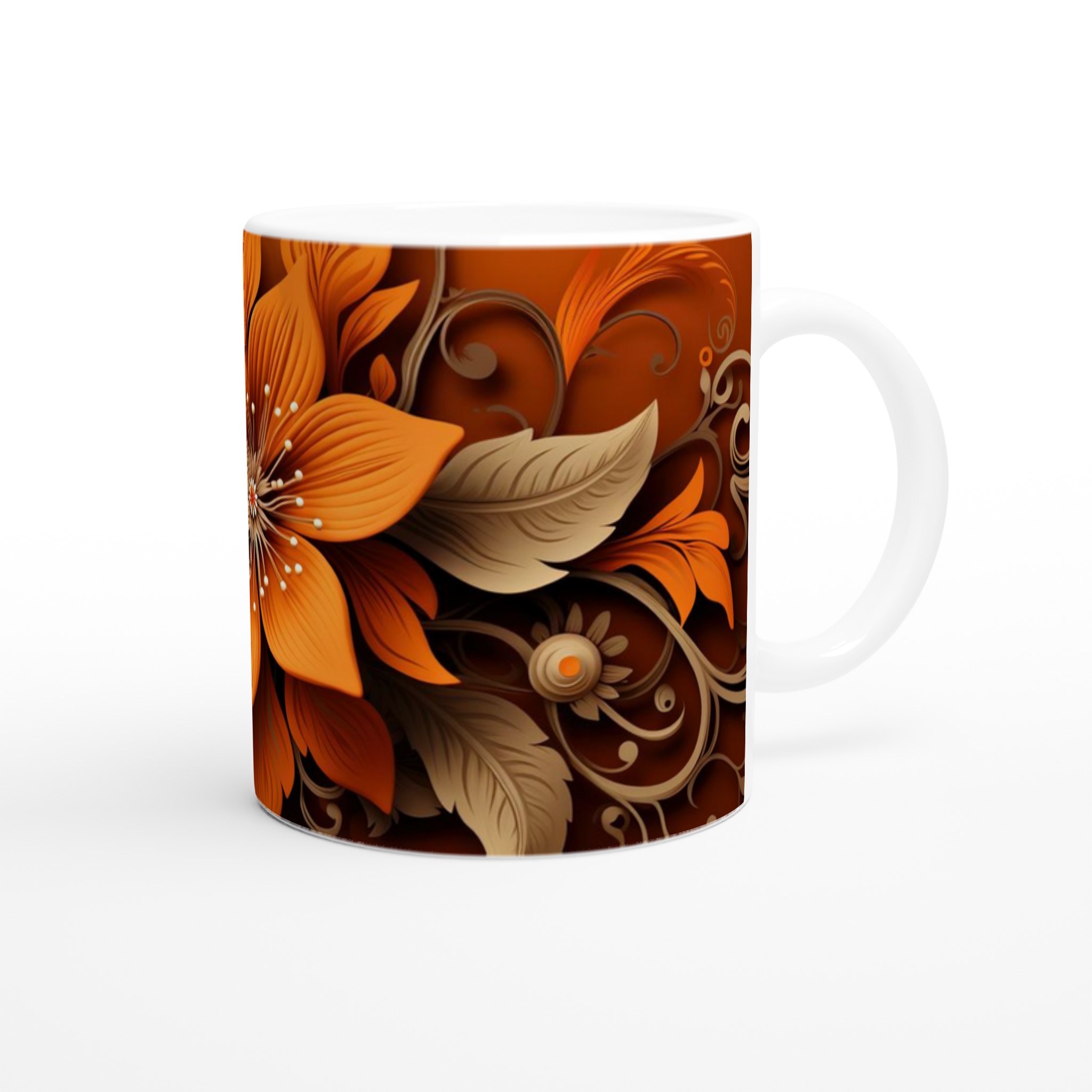 Vit 11oz keramisk mugg med sofistikerat blomstertryck i varm orange och beige 9 91dfd9d6-a211-4b8f-937b-2a2094d35f0b