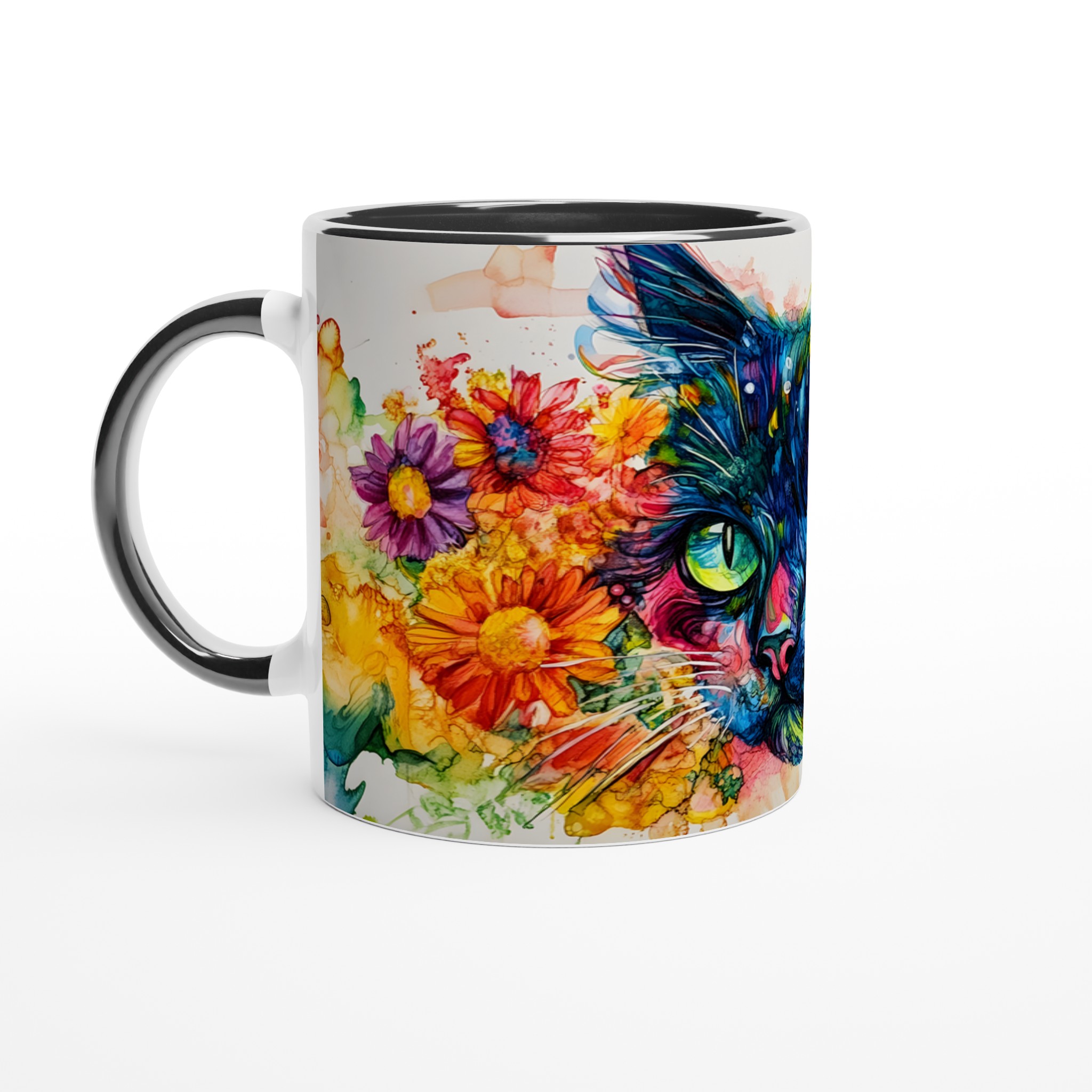 Vit 11oz keramisk mugg med färgstark katt och blomsterdesign i blå, gul och röd 4 91f109e2-1931-4117-958b-6bef59248dc7