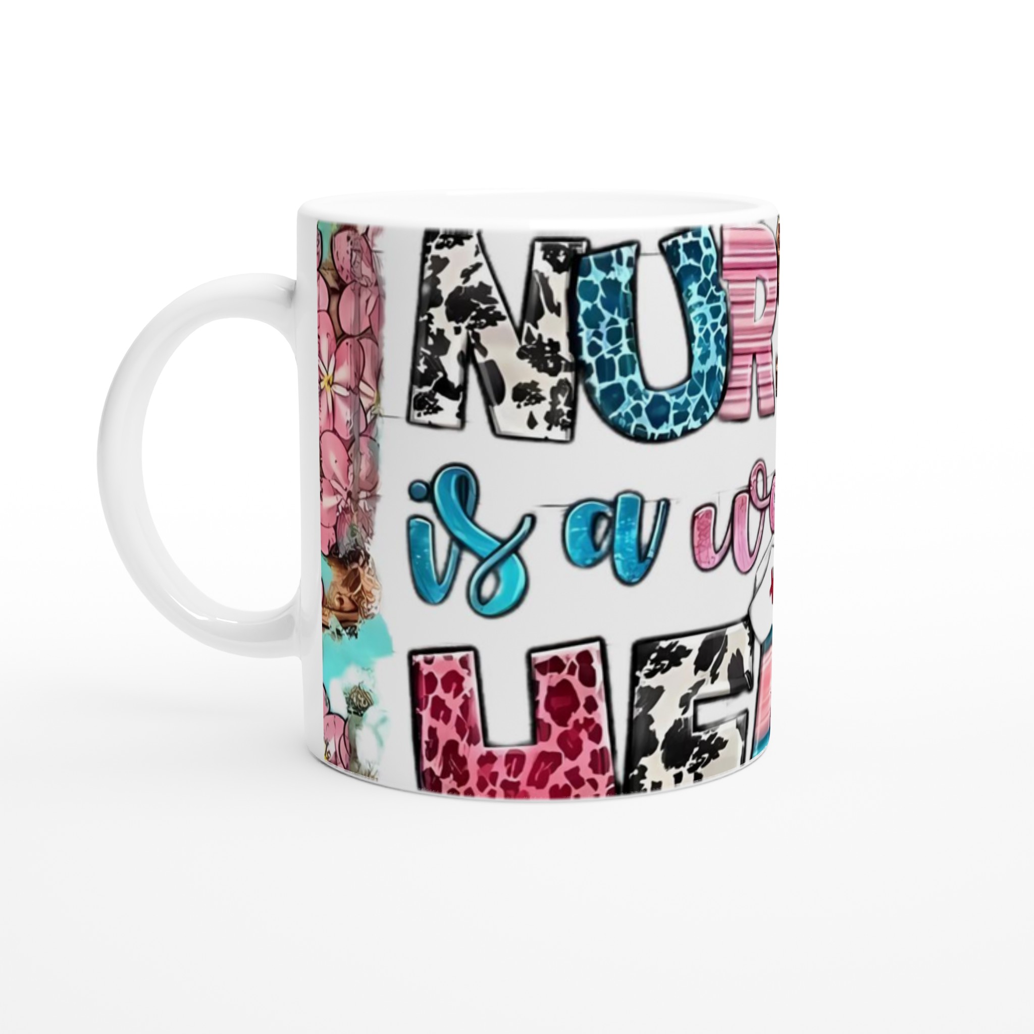Vit 11oz keramisk mugg med livfull 'Nursing is a Work of Heart'-design i flera färgstarka varianter 1 921c2428-a158-4e28-9ca9-094717a9a4ce