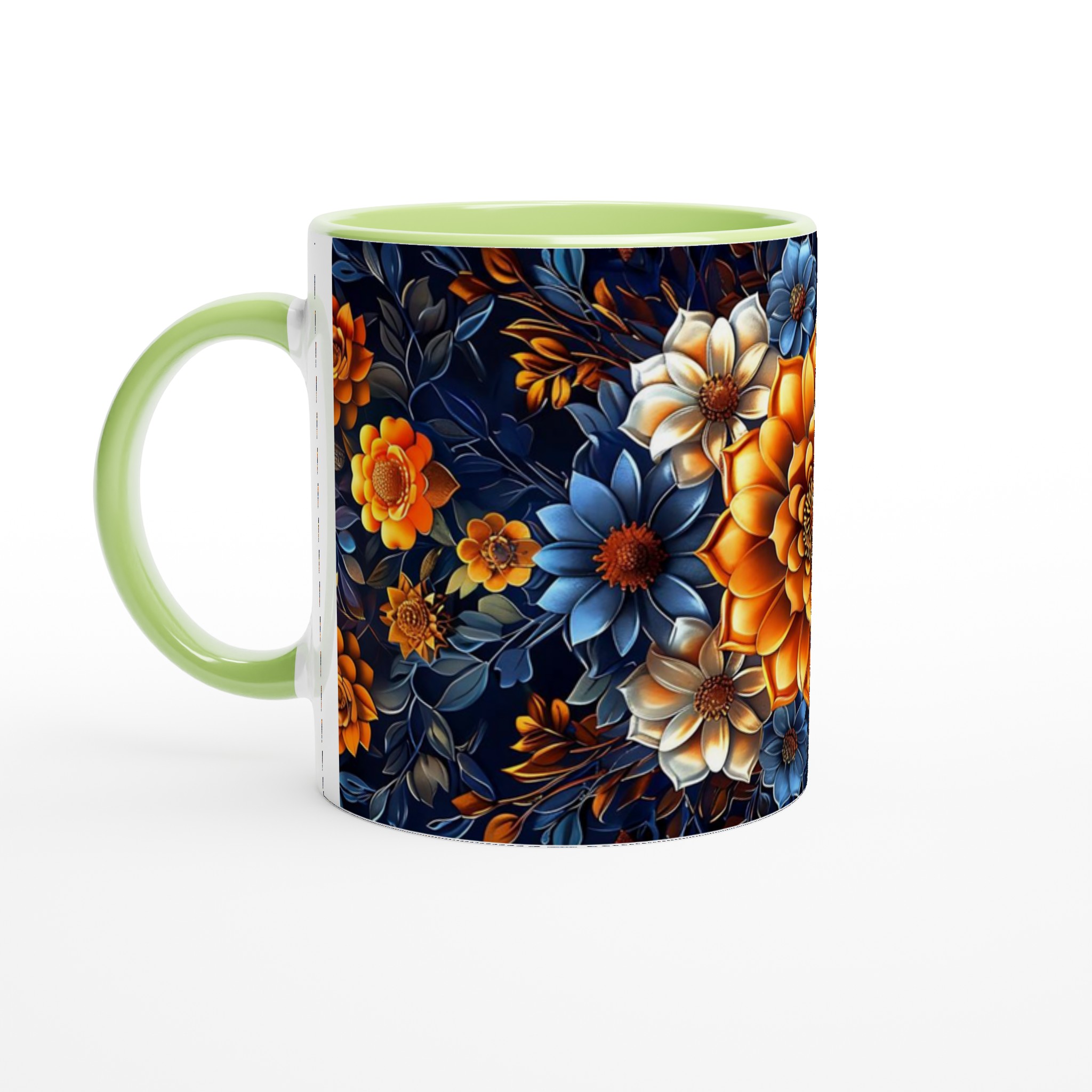 Lyxig Blomstermugg 11oz – Eleganta Orange, Blå & Vita Blommor på Mörk Bakgrund 7 92bdadde-daf9-44a4-b5d1-8057fc2f67bd