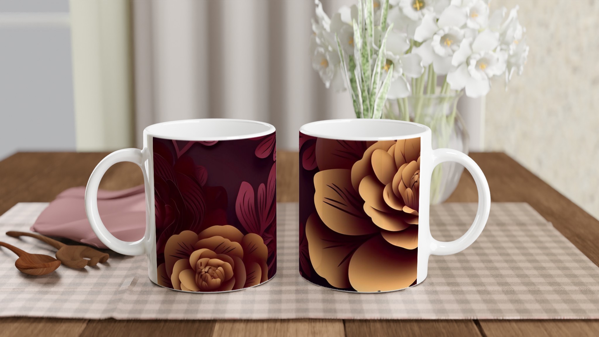Vit 11oz keramisk mugg med elegant blomdesign i varma toner – välj bland sju färgstarka nyanser 10 933246b3-618d-4ece-bc0b-dabbd1cedab6