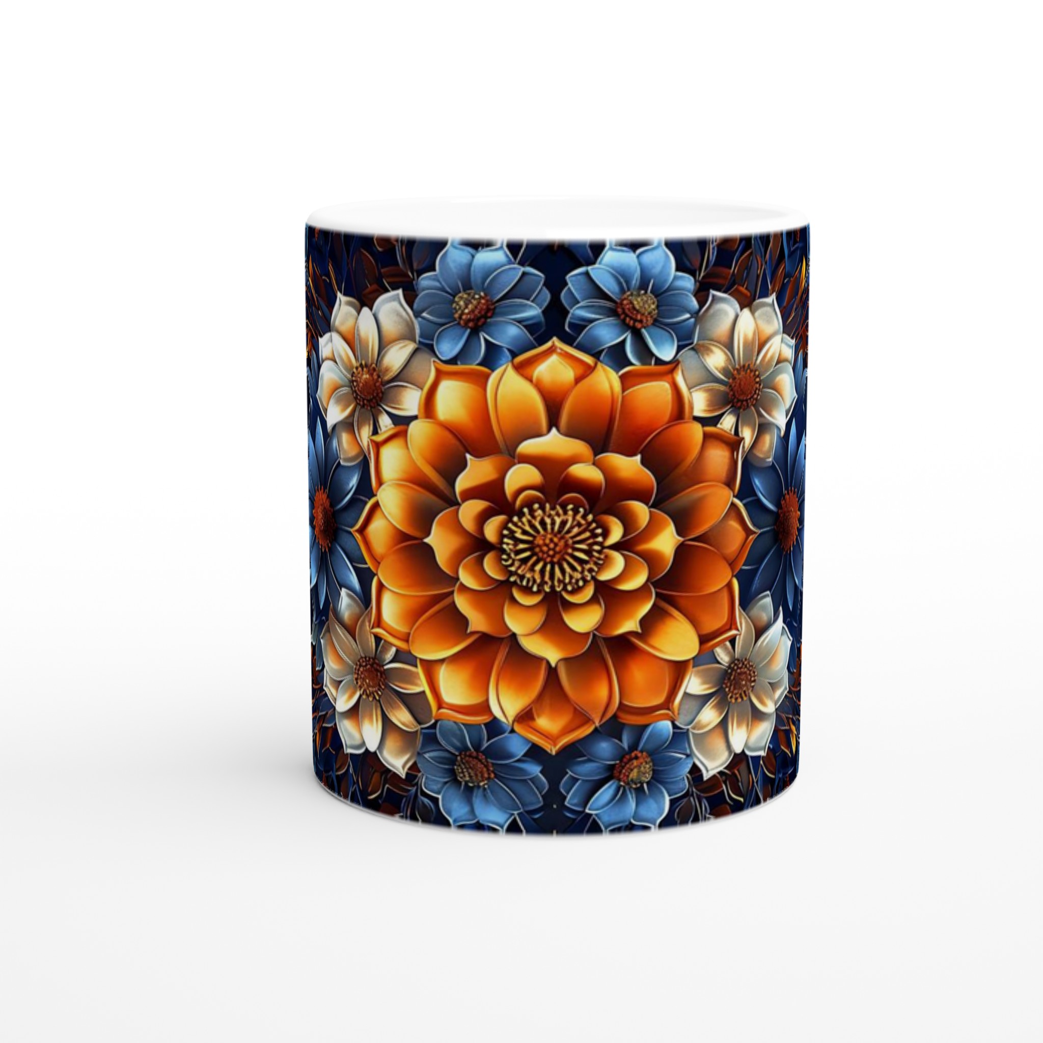 Lyxig Blomstermugg 11oz – Eleganta Orange, Blå & Vita Blommor på Mörk Bakgrund 8 93795c01-2c94-412b-b791-391ed652cd5c