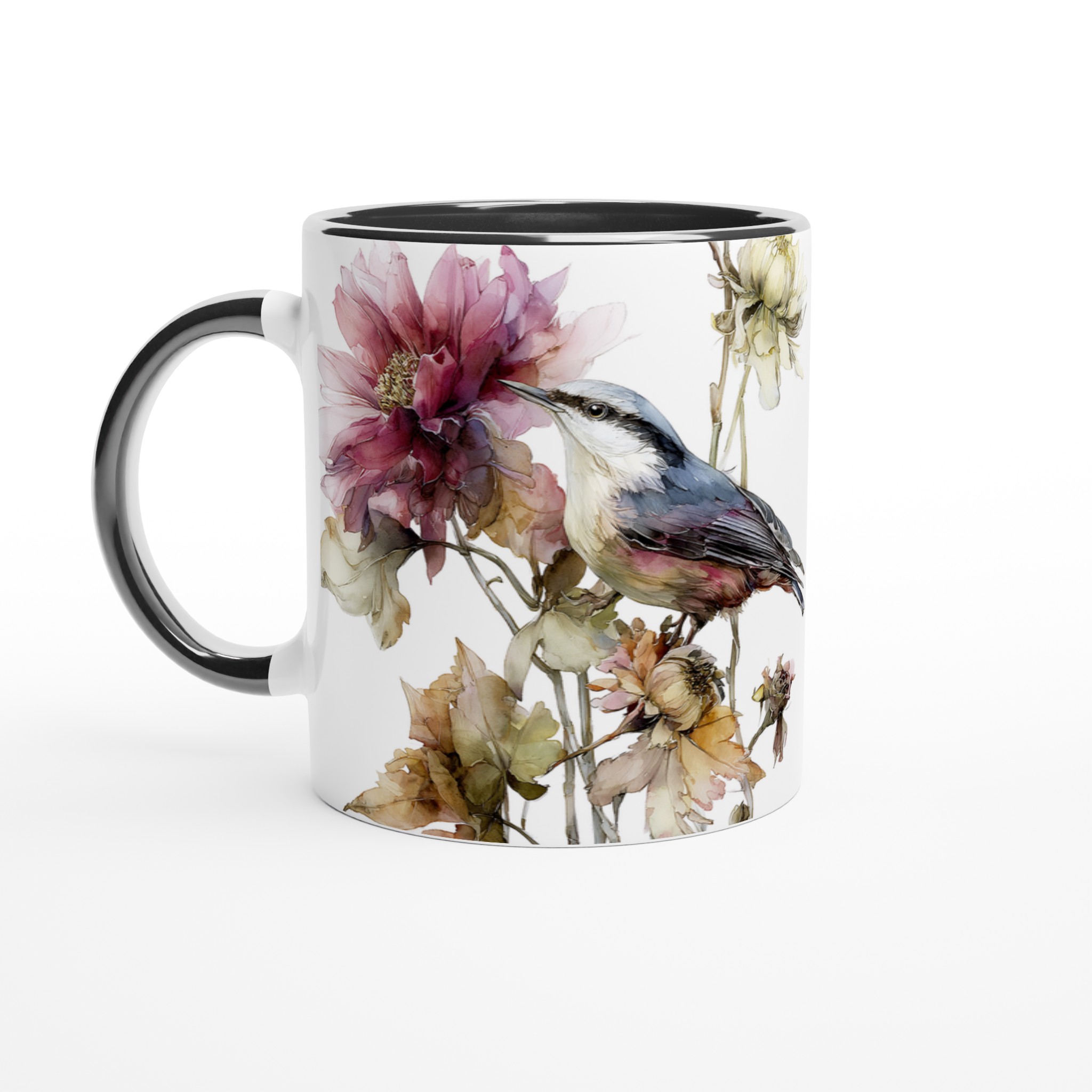 Vit 11oz keramikmugg med elegant fågel- och blomsterdesign – välj bland sju färgstarka nyanser 4 93891b01-6f44-4a2c-bb62-fcb2f3972f4e