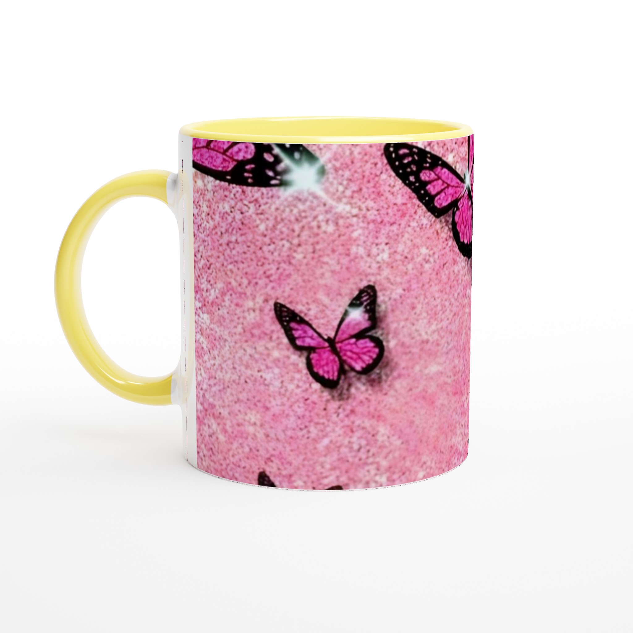 Vit 11oz keramisk mugg med glänsande rosa fjärilsmotiv – välj din favoritfärg 3 94373056-2841-4552-bfe8-a5a46a8e4206