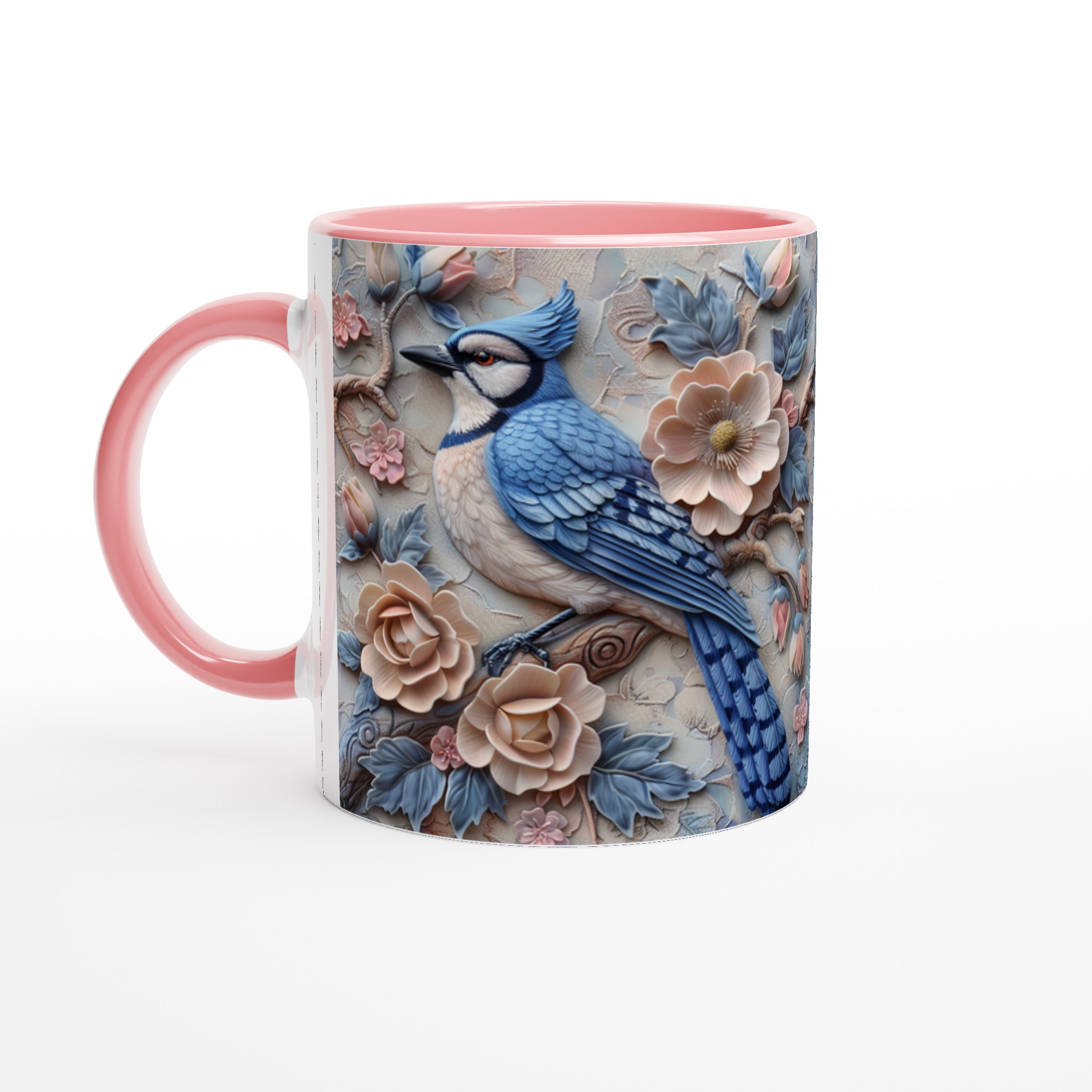 Vit 11oz keramisk mugg med elegant blåskrikfågel och blomsterdesign i mjuka pasteller 6 94587e4d-9bff-45bc-8ec7-fce9438efce2